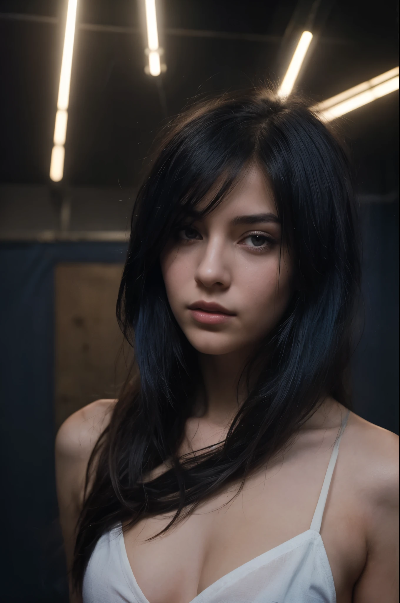 Visualize a captivating scene with a young girl exuding confidence, her long locks adorned in striking shades of blue, creating an electrifying contrast against a mysterious, dark background. Dive into the narrative of her enigmatic presence, drawing viewers into a world where the unknown beckons exploration.