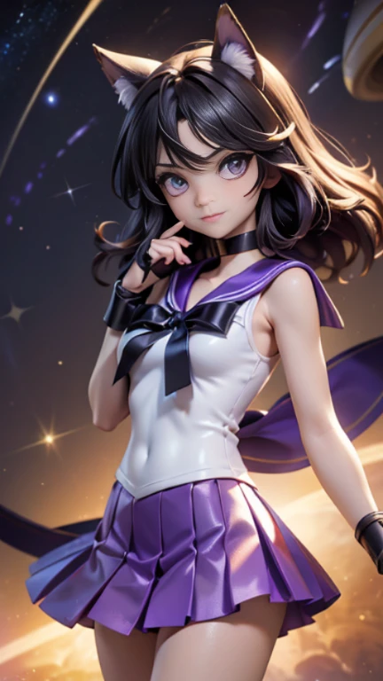 (俯瞰figure),dynamic angle,Super detailed, figure, close, straight, 1 girl, 
 ((sailor saturn, purple sailor warrior, Purple pleated skirt,big ribbon on the chest, 黒髪bobbed hair)),Her eyes shone like dream-like stars,(shining eyes:1.233),(beautiful and detailed eyes:1.1),(No expression,closed mouth),(Are standing), 
(galaxies spread out in outer space),(saturn)
(night:1.2),dream-like, [[delicate fingers and hands:0.55]::0.85],(finger details),