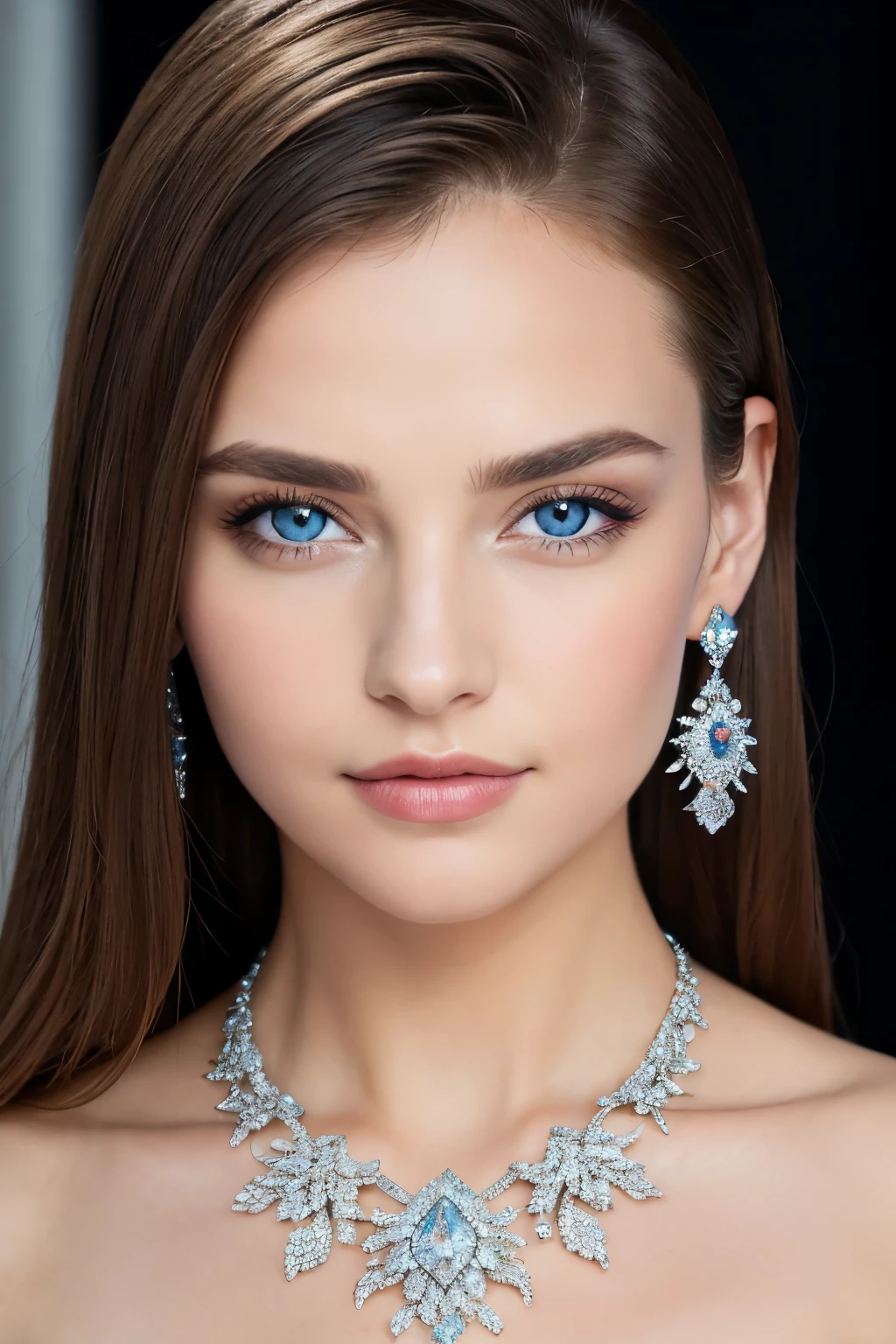 (masterpiece、highest quality), intricate details, real, photorealistic, Close-up portrait of a woman wearing earrings, Covered with crystal, silver color, blue eyes, platinum jewelry, perfect structure, view audience