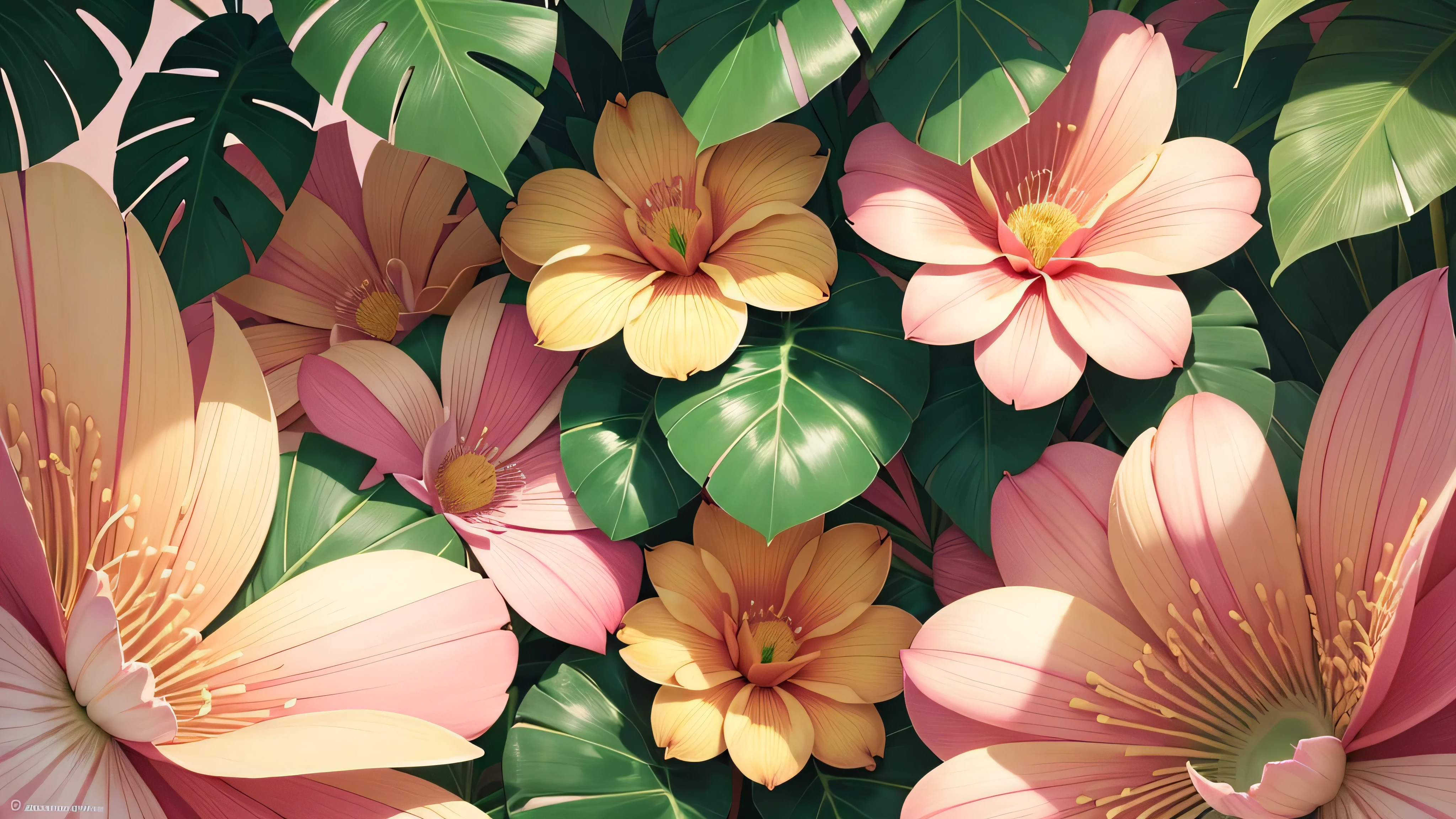 Tropical foliage and flower background, tropical flower plants, tropical plants and flowers, beautiful tropical flowers, colorful tropical plants, blooming tropical flowers, Tropical plants, lush garden leaves and flowers, tropical flowers, tropical background, detailed digital illustration, photorealistic print of exotic, tropical foliage, subtropical flowers and plants, Tropical leaves, matte digital illustration, tropical atmosphere, detailed beautiful plants, contrast color, many flowers, pink flowers