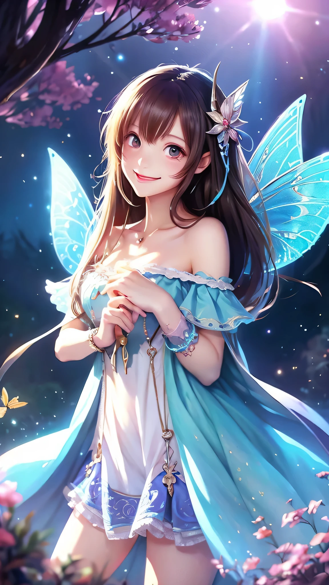 1girl, fairy wings, fairy, frilled skirt, thighhighs, cleavage, fantasy, excited, lips, happy, disney, pixar <lora:bioluminescent_dress-1.0:0.5> bioluminescent dress, 2d, (anime), detailed, illustration, intricate