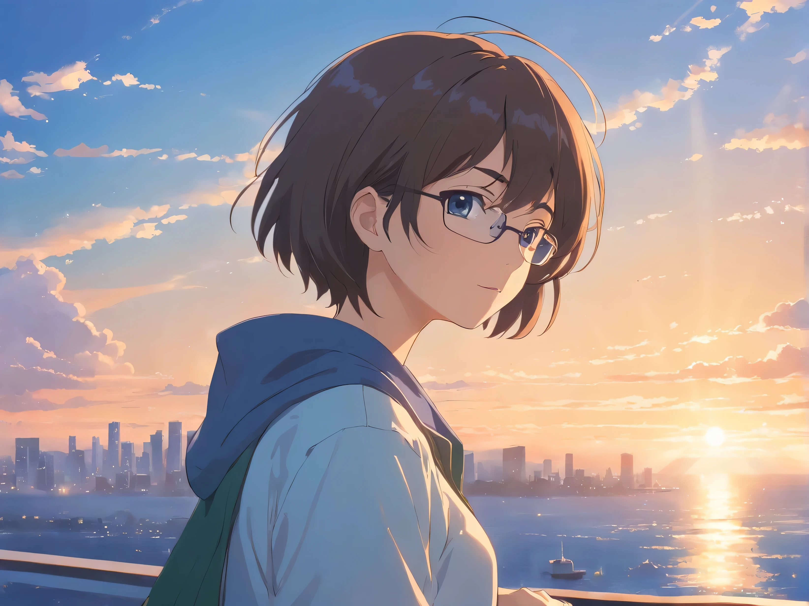 highest quality, masterpiece, be familiar with, perfect face, 短い巻き毛の髪型のアニメ男性2people々, anime woman３people々, black short hair, Glasses, work clothes, white shirt, Office with a view of the sun