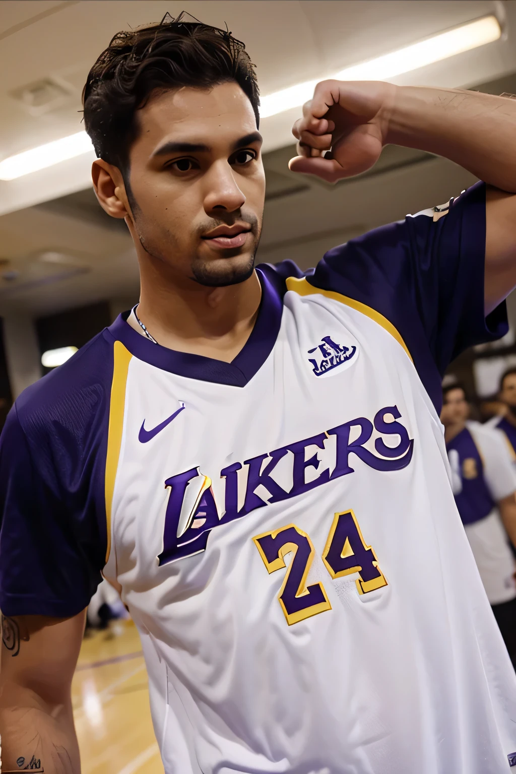 n gato que este en dos patas basquetbolista que lleve la camisa de los lakers y el numero 24