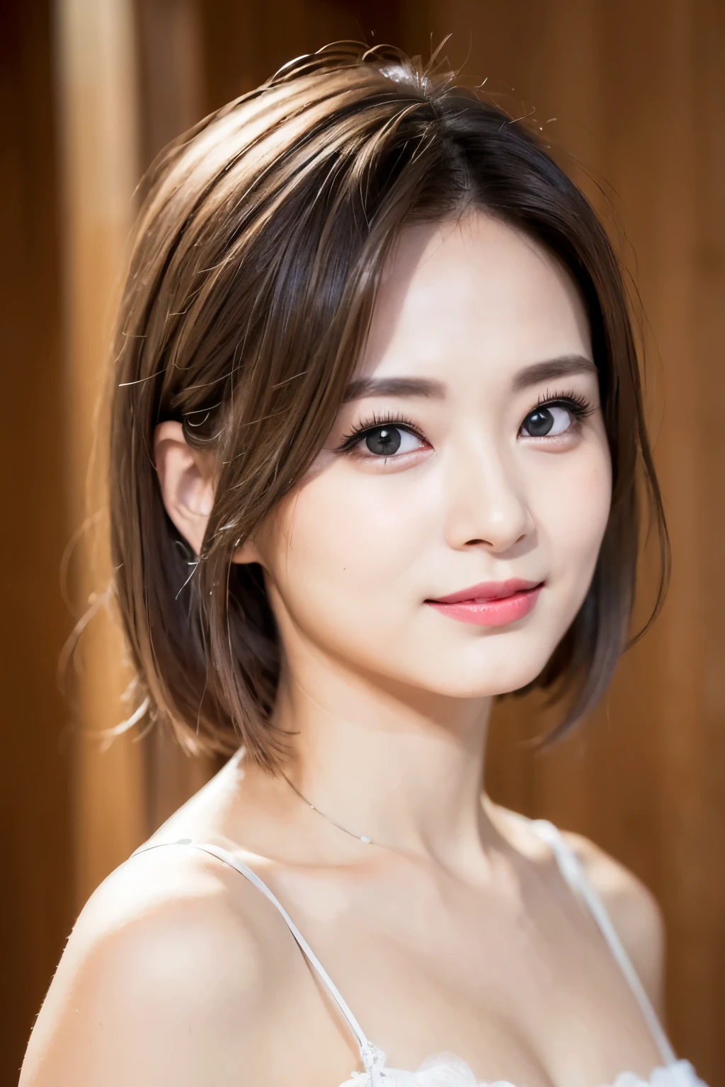 (real、photorealistic:1.37)、(8K、Live shooting、highest quality、masterpiece:1.2)、cute、Super detailed、heart-shaped pupil、Physically based rendering、ultra high resolution、Bokeh、sharp focus、1 woman、view audience、highly detailed face、beautiful detailed eyes、disorganized、unforgettable smile、messy hair、short hair、floating hair