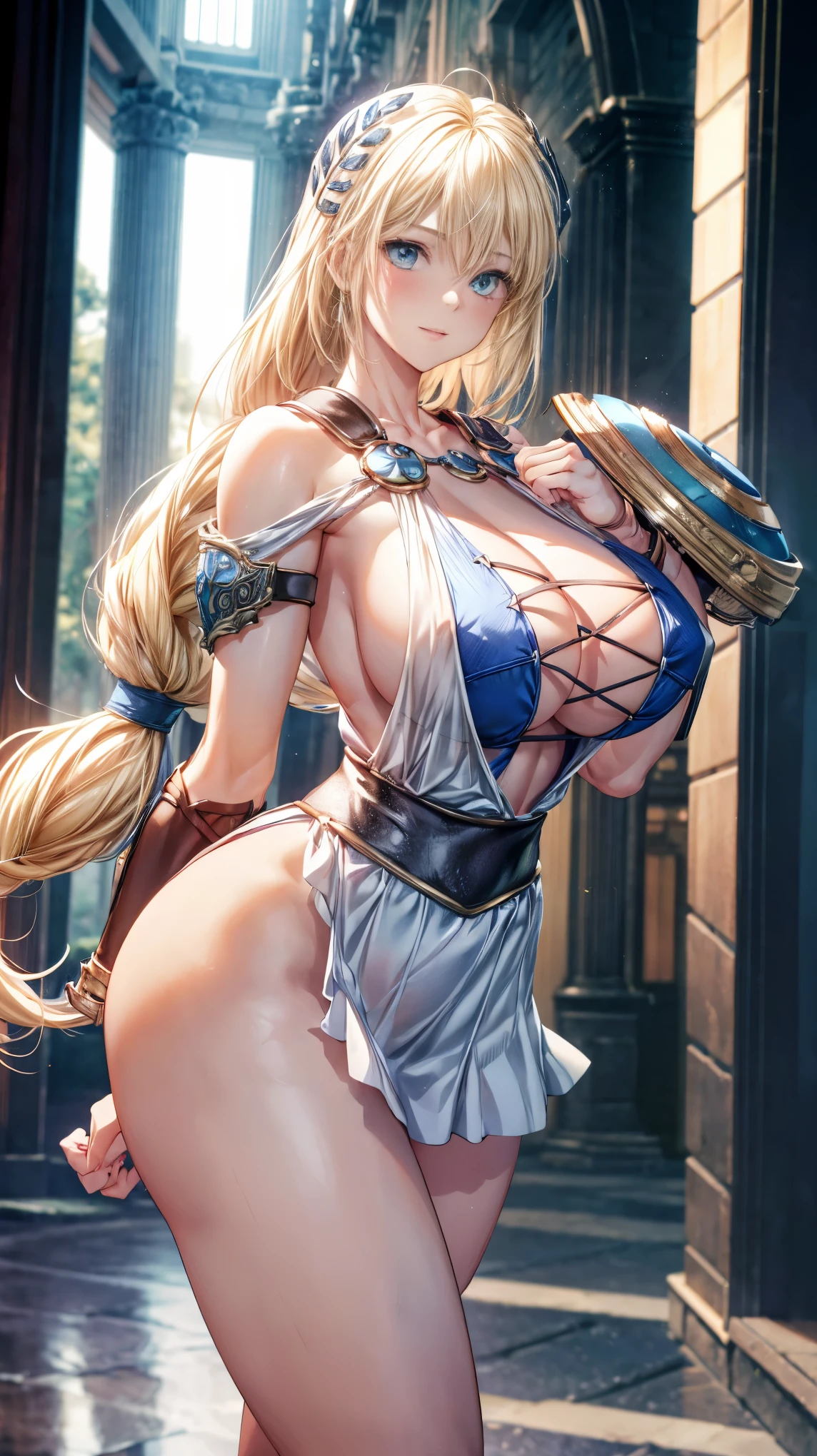 sensual, long blonde hair, thick thighs, 8K, 4k, highest quality, (High resolution:1.6), cute anime face, noise reduction, shining blue eyes, gentle smile, kind eyes、toned abdominal muscles, muscular arms, muscular legs,  young face, anime eyes, Sophitia Alexandra、has a sword and shield、(SFW huge body:1.2)