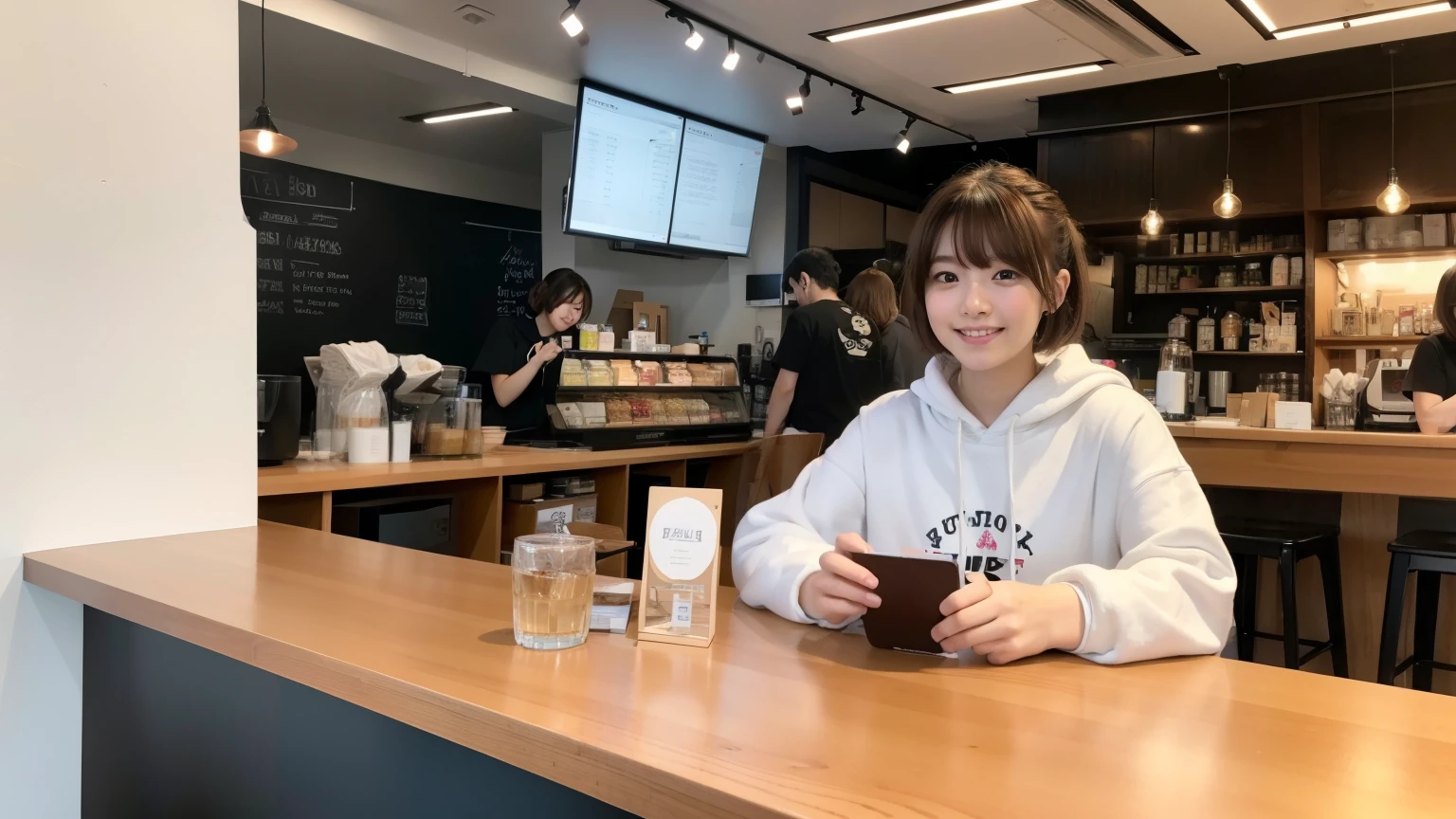 (8K, Raw photo, highest quality, masterpiece:1.2), (realistic, photo-realistic:1.4), (Highly detailed 8K wallpaper), perfect female body, famous japanese idol, 20 year old girl,  japanese model, medium short hair, messy hair, light brown hair, hoodie,inside a stylish cafe, I can see other customers enjoying themselves too.。At the back of the cafe、Staff are busy working at the counter。