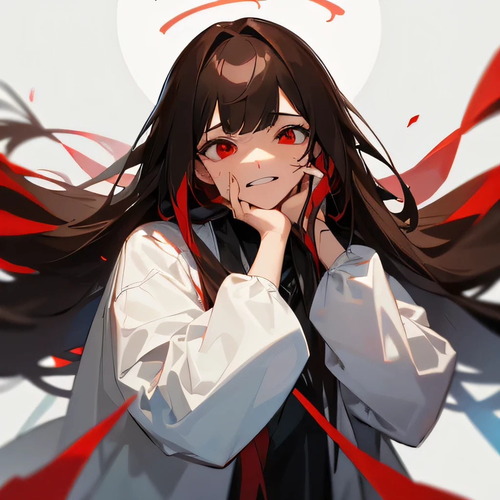 Long brown straight hair with black tips、Bangs are crispy、red eye color、boy、researcher、wearing a white coat、making a fool of myself、put your hand on your face、laughter、Has a stunned face、has a look of contempt、looking down on、I think so&#39;That&#39;s stupid、despise