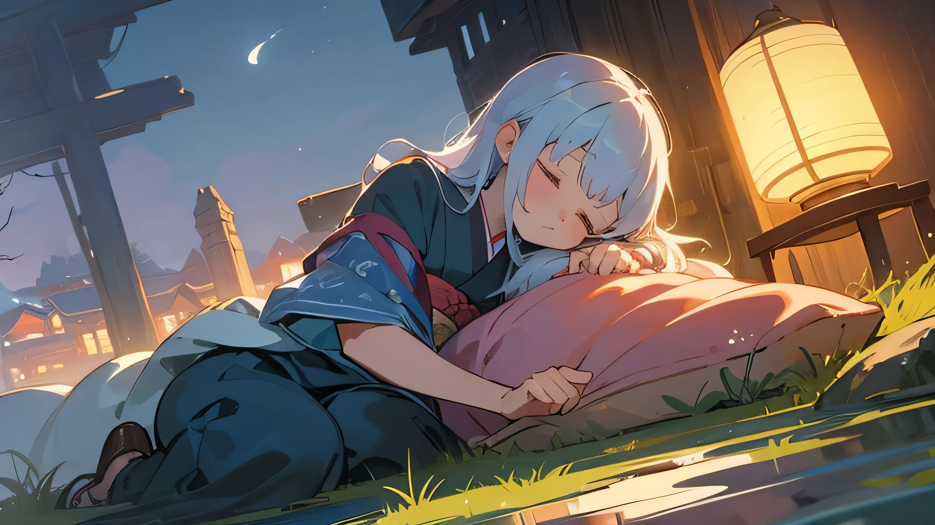 landscape painting with no one、landscape of folk tales、anime style、pastel tones、The moonlight shines beautifully at night、A dwarf is sleeping on the hand of a woman wearing a kimono