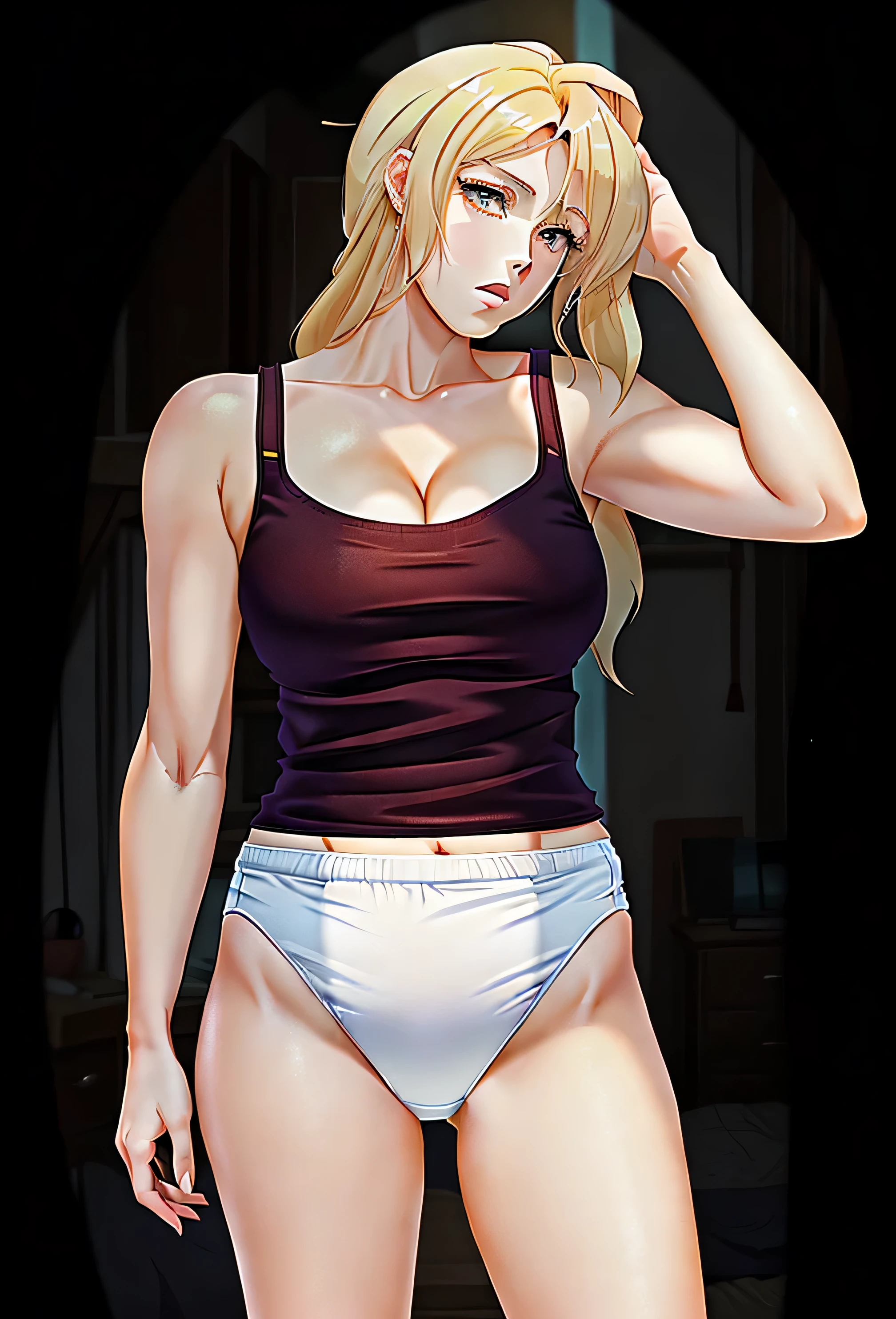 ((((masterpiece, best quality)))), ((35 year old)), (((Curvy))), ((Buff)) ((Norwegian woman with long blonde hair)), in ((white tanktop)), ((white high cut cotton panties)), ((Large Hips)), ((Standing in a cluttered bedroom)), (scratching her head), ((((anime art style))))