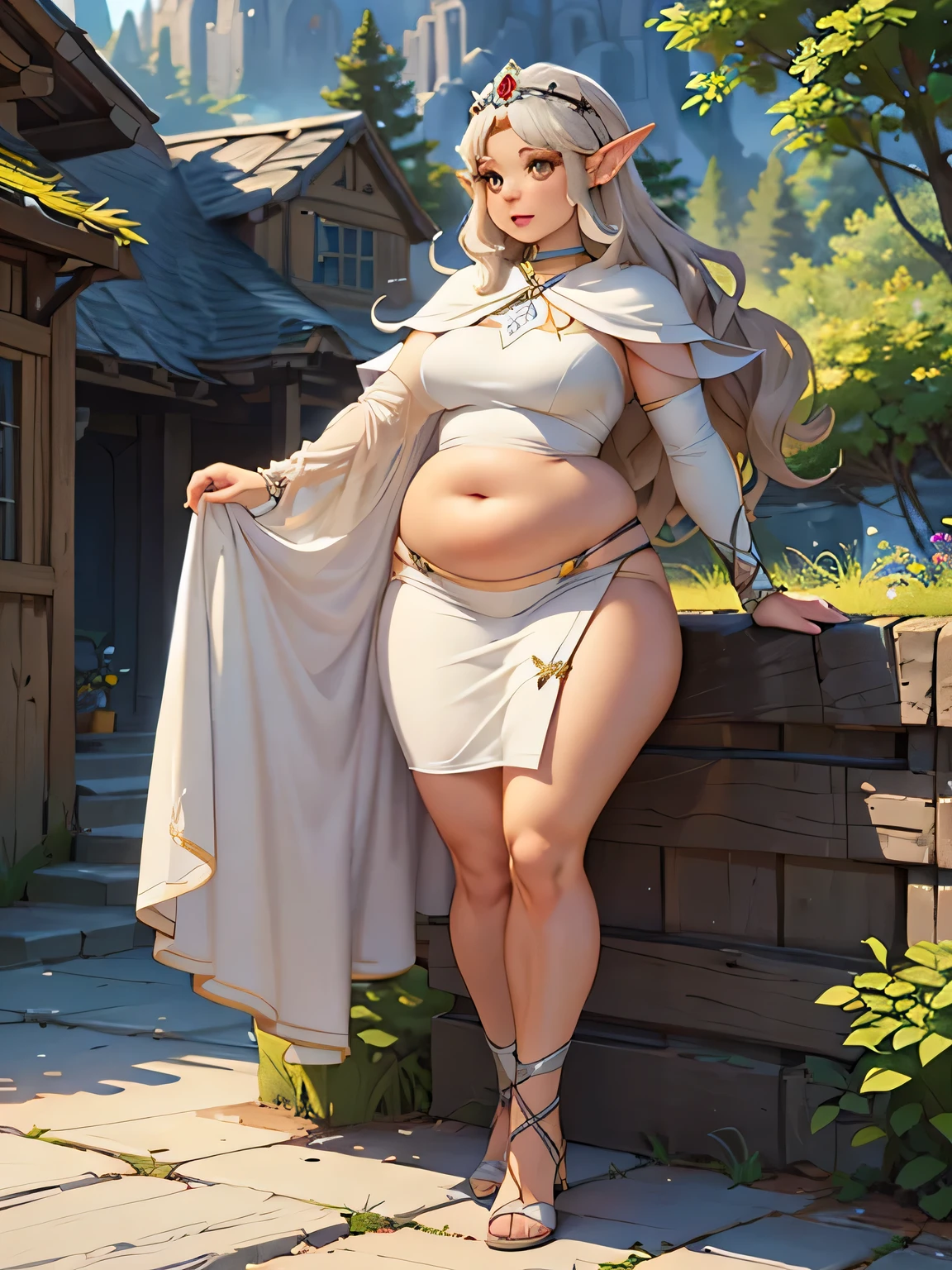 ((best quality)), ((masterpiece)), (detailed), perfect face, (((curvy elf princess going on adventure))), very very long blonde hair, wavy/curly hair, brown eyes, silver armor, (white garments), (wide hips), yellow flower in hair, full body dress, curvy girl, skinny small belly