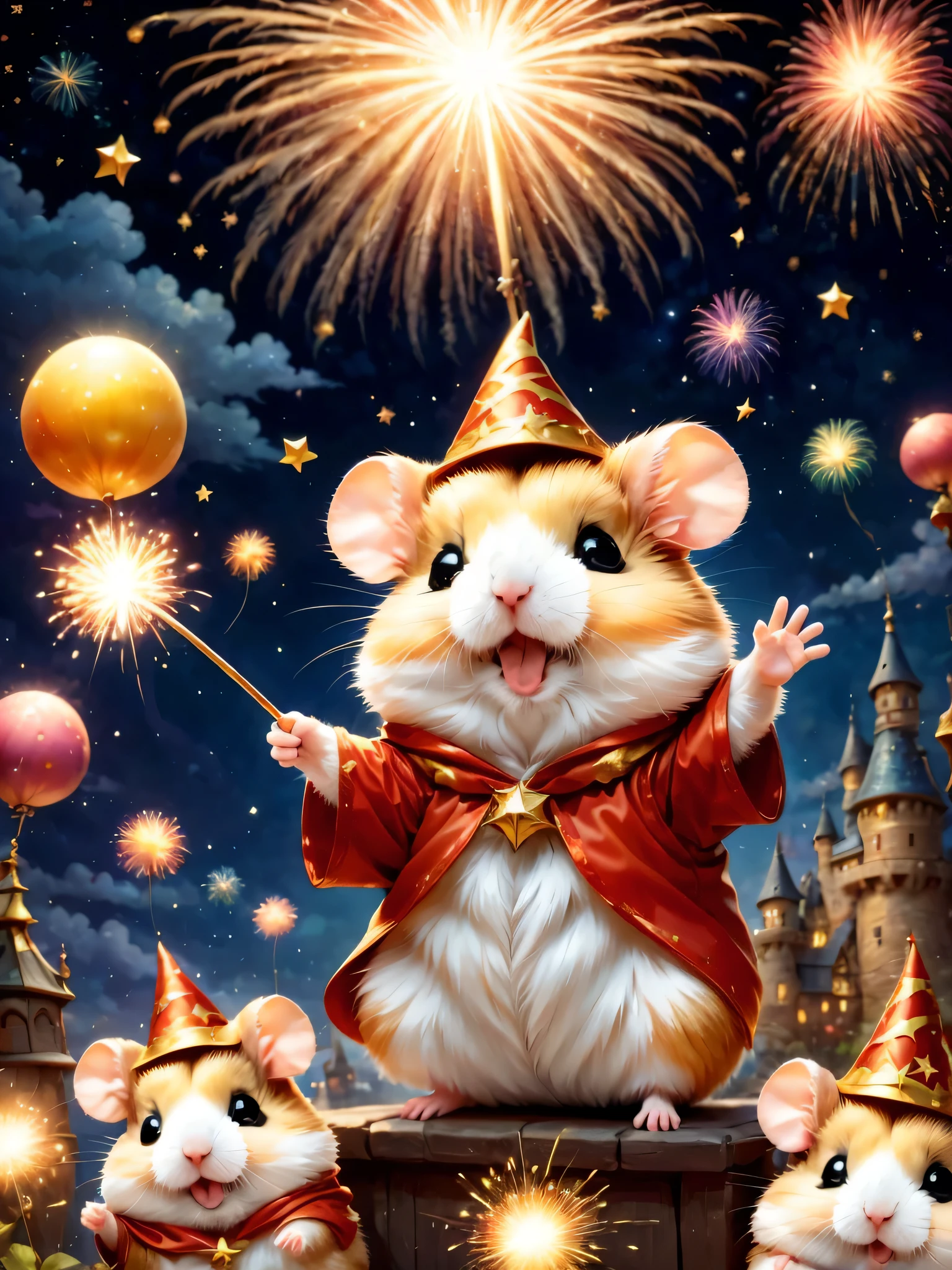 Sparkler,hamstania,festival,magic hamster party,((Hamster Wizard:great joy:raise your hand:open your mouth:jump:wizard&#39;s hat)),magic wand,,Wizard costume details:Colorful:draw a pattern with gold and silver,celebration,((空にはたくさんのSparklerがあがりました:Colorful)),,,castle balcony,lots of stars,about,Beautiful light effect,,masterpiece,highest quality,fluffy hamster,Chibi,cute,fun,happiness,,magic light,,Fantastic,Colorfulな空の詳細,anatomically correct,all the best,,Little hamster,最高にcuteハムスター，fantasy,randolph caldecott style,enlightenment,watercolor painting,