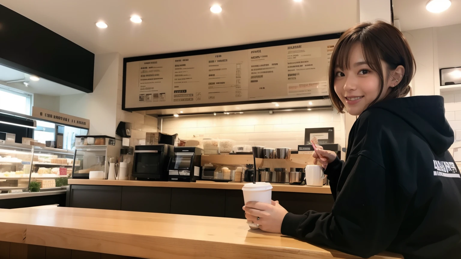 (8K, Raw photo, highest quality, masterpiece:1.2), (realistic, photo-realistic:1.4), (Highly detailed 8K wallpaper), perfect female body, famous japanese idol, 20 year old girl, japanese model, medium short hair, messy hair, light brown hair, hoodie,inside a stylish cafe, I can see other customers enjoying themselves too.。At the back of the cafe、Staff are busy working at the counter。