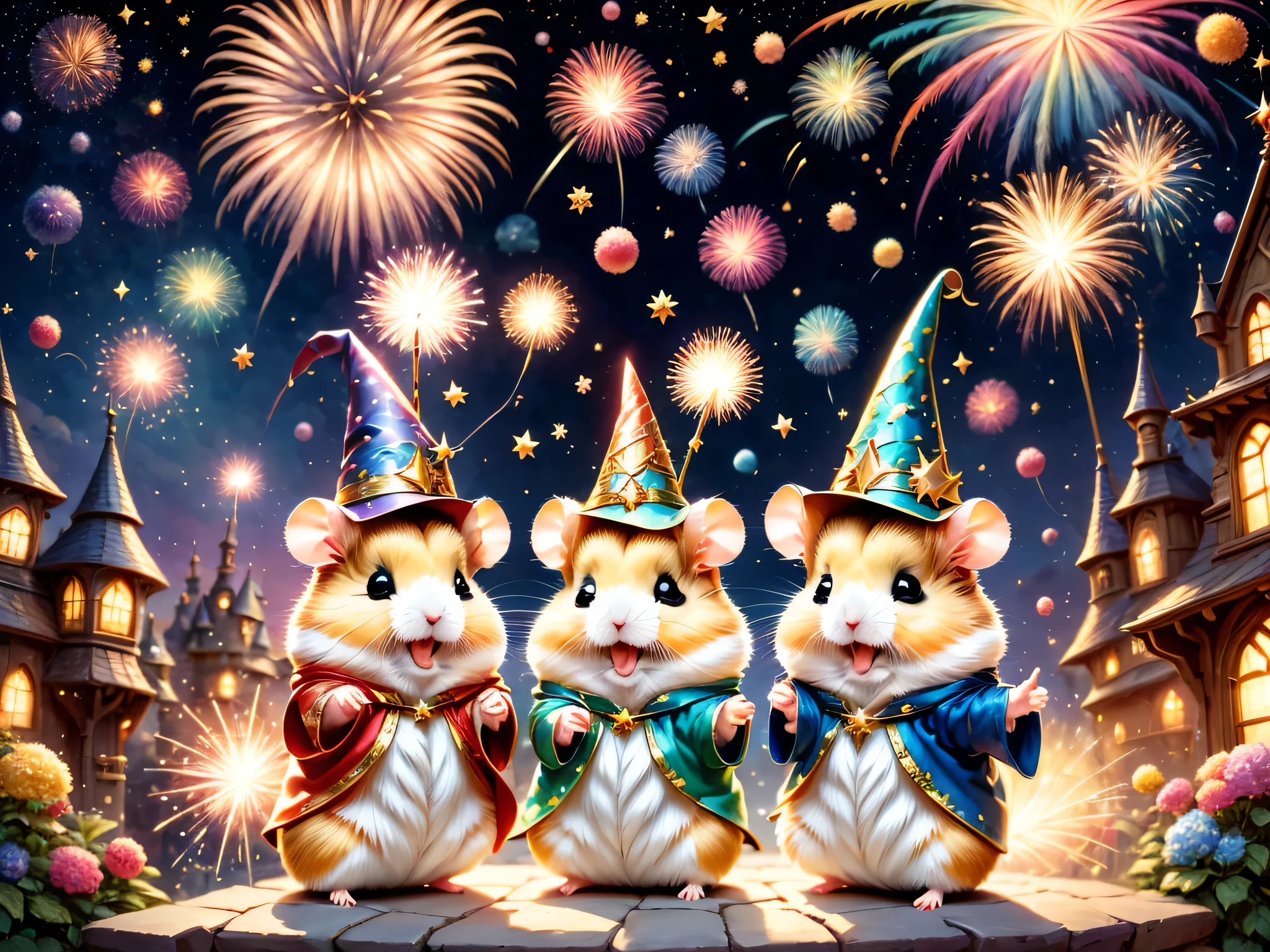 Sparkler,hamstania,festival,magic hamster party,((Hamster Wizard:great joy:raise your hand:open your mouth:jump:wizard&#39;s hat)),magic wand,,Wizard costume details:Colorful:draw a pattern with gold and silver,celebration,((空にはたくさんのSparklerがあがりました:Colorful)),,,castle balcony,lots of stars,about,Beautiful light effect,,masterpiece,highest quality,fluffy hamster,Chibi,cute,fun,happiness,,magic light,,Fantastic,Colorfulな空の詳細,anatomically correct,all the best,,Little hamster,最高にcuteハムスター，fantasy,randolph caldecott style,enlightenment,watercolor painting,