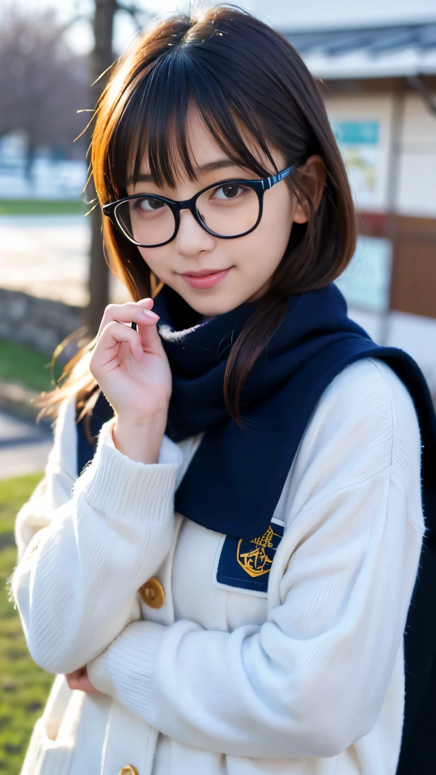 highest quality, masterpiece, ultra high resolution, (realistic:1.4), Raw photo, very detailed, perfect anatomy,
In the winter schoolyard,
1 girl, 15 years old, most popular japanese idols, (Wearing Japanese high school winter clothes, Cute design muffler, cute design glasses), face focus, portrait, innocent smile, Very cute face like the most famous Japanese idol, very beautiful big black firm eyes, very beautiful black hair shortcut, very beautiful realistic white skin, very beautiful wet lips,
Detailed Japanese high school winter uniforms, detailed Cute design muffler, detailed cute design glasses