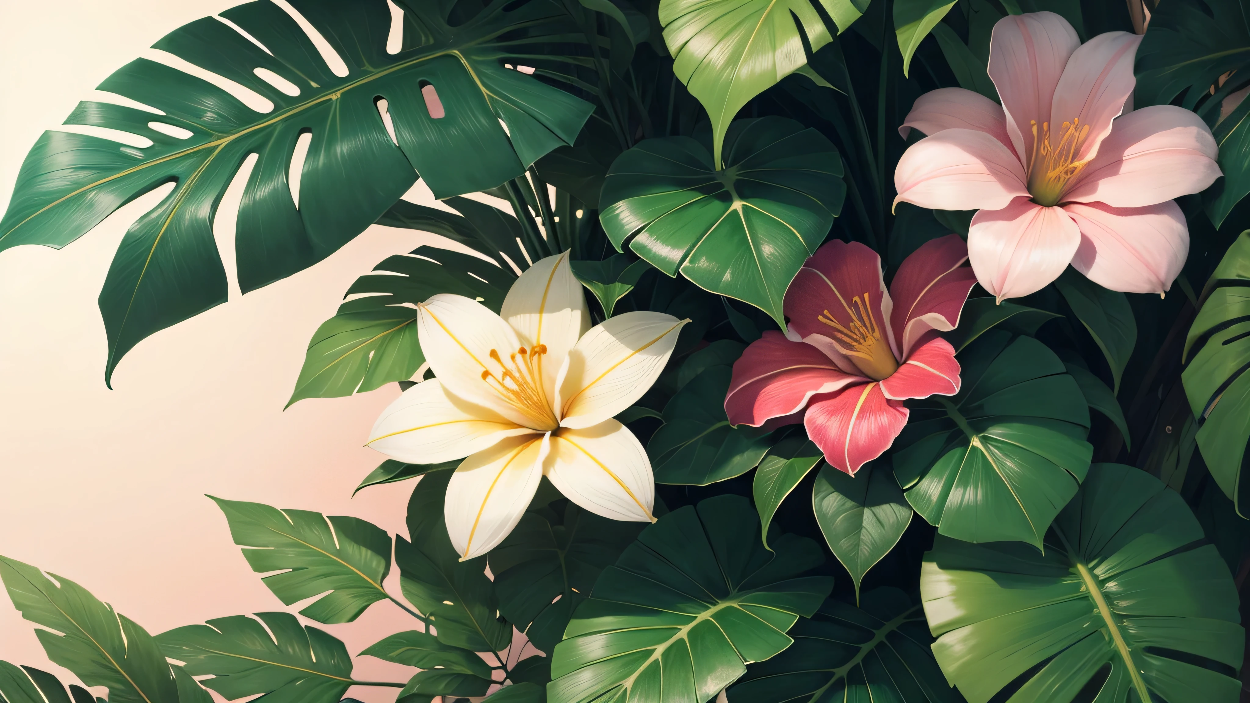 Tropical foliage and flower background, tropical flower plants, tropical plants and flowers, beautiful tropical flowers, colorful tropical plants, blooming tropical flowers, Tropical plants, lush garden leaves and flowers, tropical flowers, tropical background, detailed digital illustration, photorealistic print of exotic, tropical foliage, subtropical flowers and plants, Tropical leaves, matte digital illustration, tropical atmosphere, detailed beautiful plants, contrast color, many flowers, pink flowers