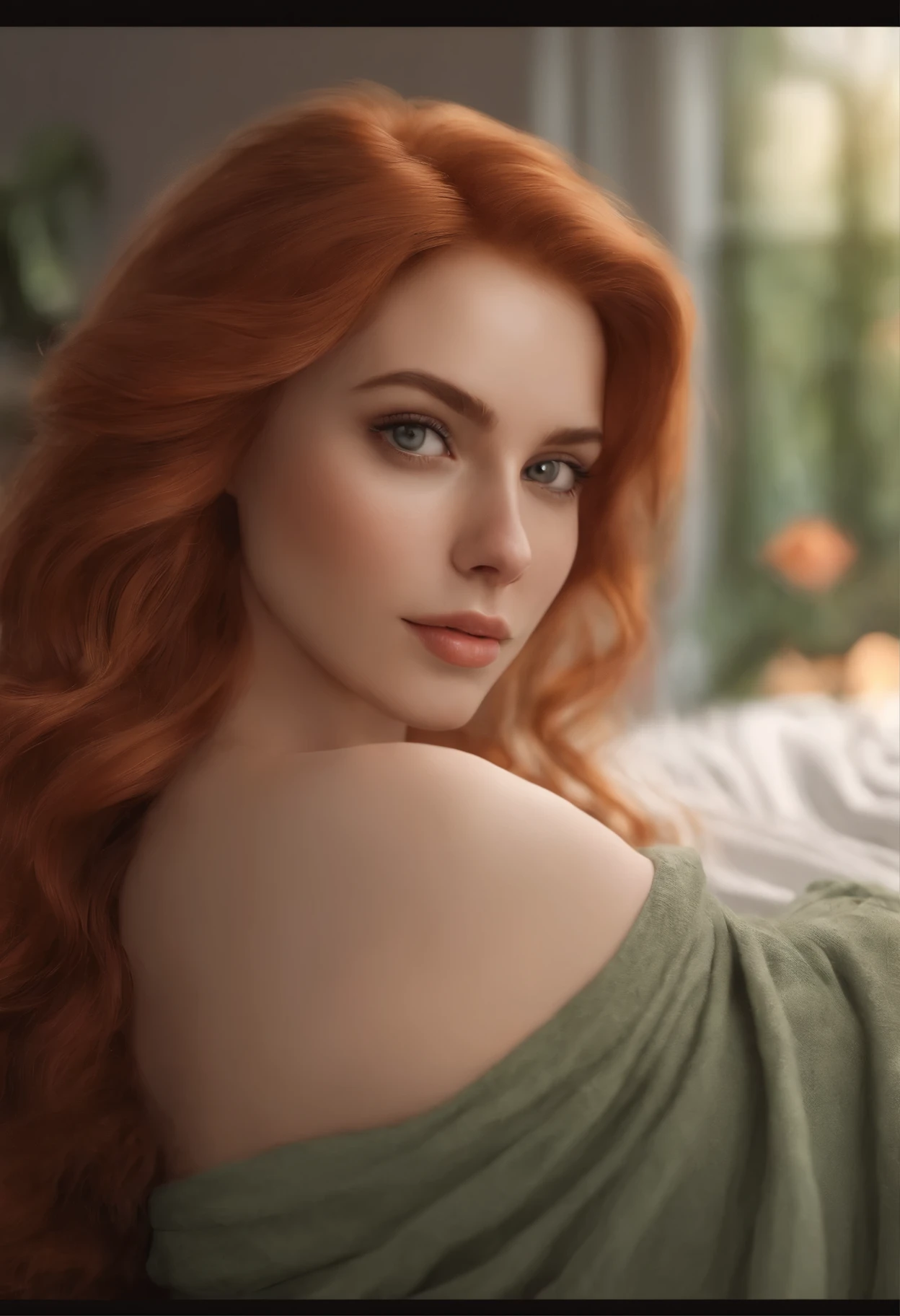 girl with green eyes, ultra realistic, carefully detailed, red hair and big eyes, selfie of a young woman, глаза in the bedroom, No makeup, natural makeup, looking straight into the camera, face with artgram, subtle makeup, amazing full body shot, Kneeling on the bed, in the bedroom