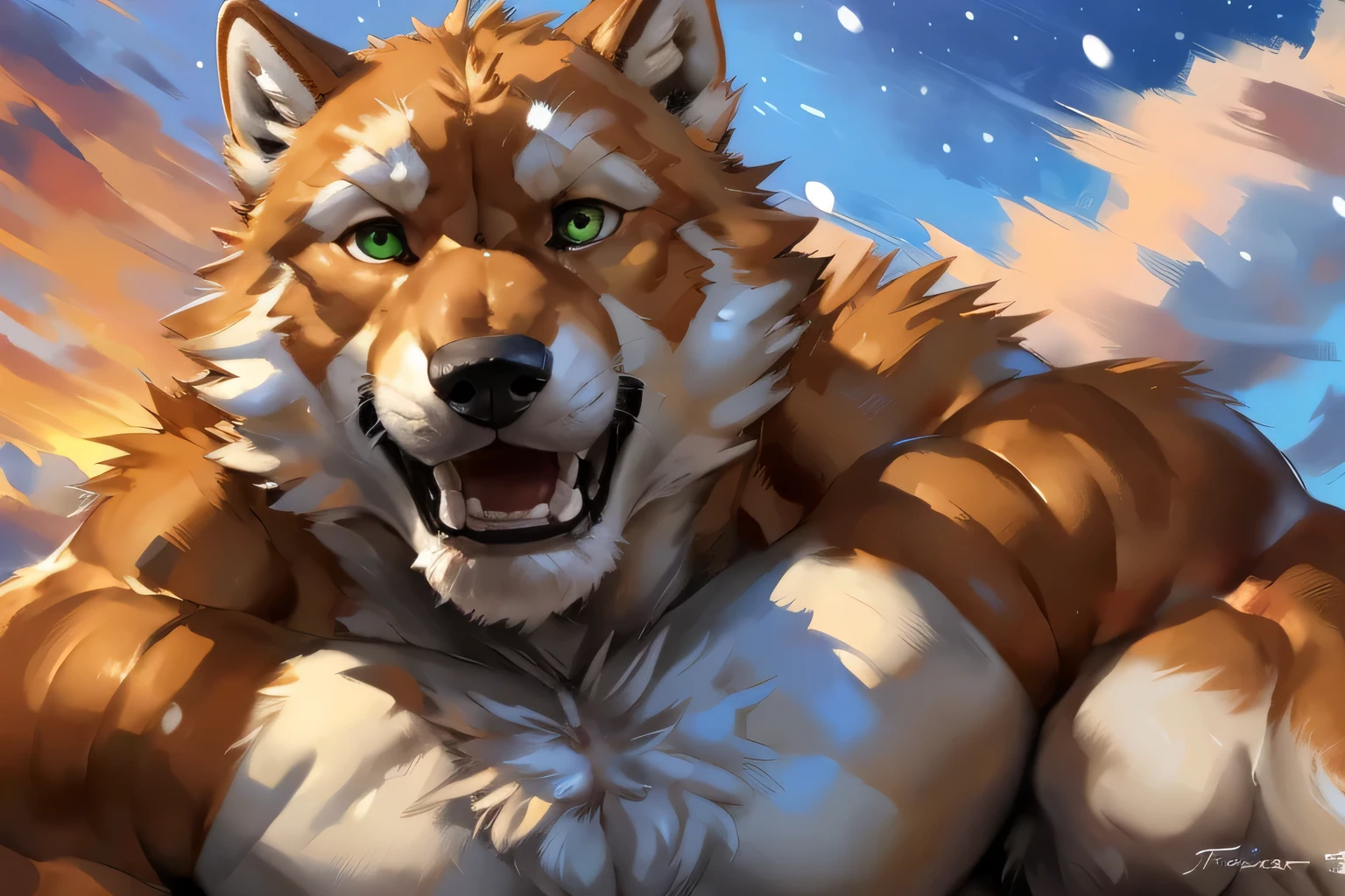 musculoso salvaje:1.2 lobo, posing for the camera. 4k, high resolution, Mejor calidad, colores perfectos, sombras perfectas, perfect lighting, publicado en e621, pelaje naranjary body, pelaje naranja, pecho blanco, barba negra, lobo salvaje, quadruped:1 lobo, solo, male, adulto, ojos verdes, ojos realistas, looking to the camera, masculino, (muscular, estructura densa:1.4, Hombros musculosos, pectorales fuertes), correct anatomy, cuerpo de papa, (piel fotorrealista, piel detallada, epic, obra maestra:1.2), (fondo de invierno detallado, nevando, cielo nublado, atardecer), sombras sexys, (por echin, por taran violinista, por Takemoto Arashi, por traver009, por Juiceps), (ojos detallados:1.2), Impressive physique, pose cansada, luchando, pose de esfuerzo, cara molesta, Exhausto, ojos detallados, looking to the camera, (de cerca):1, boca abierta, babeo espeso:1.4, (low angle shot):1