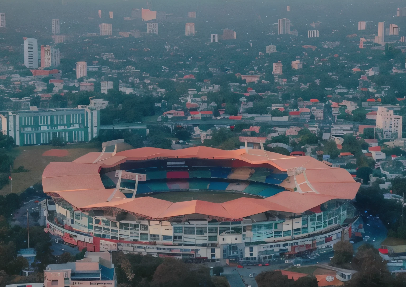 arafed view of a stadium with a red roof and a city in the background, stadium landscape, shot from drone, shot on sony a 7 iii, stadium setting, shot from a drone, south jakarta, stadium, baseball stadium, taken with sony alpha 9, soccer stadium, shot on sony a 7, high quality image, shot with sony alpha