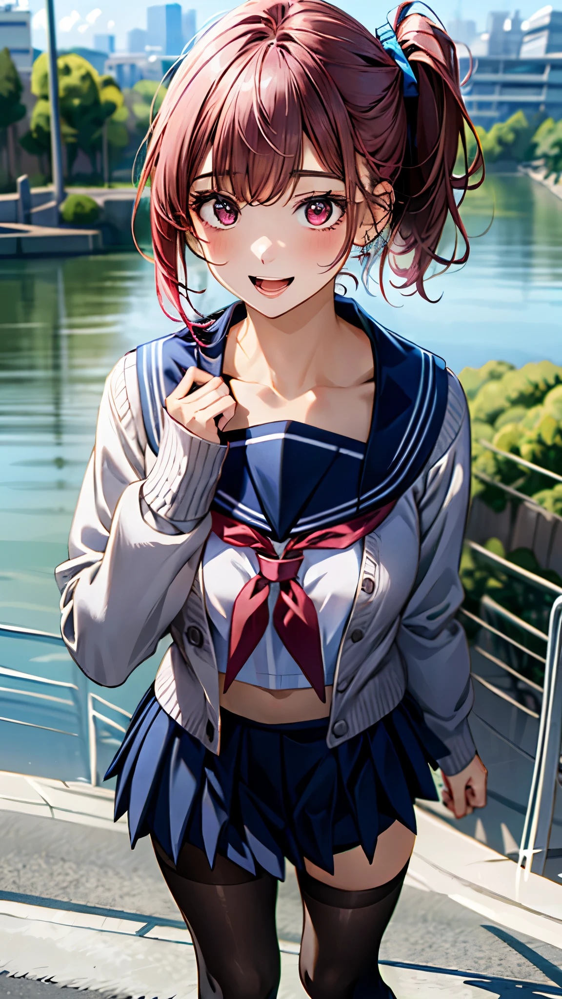 (masterpiece:1.2, top-quality, ultra high res, ultra detailed), (realistic, photorealistic:1.4), beautiful illustration, (natural side lighting, movie lighting), 
looking at viewer, 1 girl, japanese, high school girl, perfect face, (perfect anatomy), cute and symmetrical face, shiny skin, slender, 
(short hair, side ponytail, purple hair), asymmetrical bangs, dark red eyes, drooping eyes, big eyes, long eye lasher, (medium breasts), 
beautiful hair, beautiful face, beautiful detailed eyes, beautiful clavicle, beautiful body, beautiful chest, beautiful thigh, beautiful legs, 
((dark pink cardigan, white sailor fuku with blue line, navy pleated skirt, white sailor collar, red sailor scarf, black tights)), pink hair chouchou, navy school bag, 
(beautiful scenery), depth of field, morning, (riverside, cityscape in the distance), walking, (lovely smile, upper eyes, open mouth),