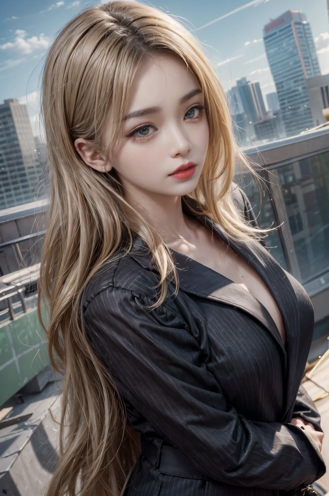 (front focus、perfect anatomy:1.5)、(Super detailed、16K quality、genuine skin: 1.6)、hyper genuineist、genuine.cinematic lighting、portrait、highly detailed face、1 beautiful thai girl、 (Beautiful 14 year old half Thai/japanese girl、smile:1.3)(medium straight blonde hair、big slit eyes)(Hair color that is a mix of blonde and flashy colors、eye shadow、eyeliner、green color contact lenses:1.5)(黒くsunburnした肌、black skin:1.8)sunburn、eyeliner、(well-shaped chest)red lips.break(Based on black or deep red),
(Black Office style suit jacket.with White color shirt.:1.2),(Black Office style wide trousers),(tie),break(early morning、Rooftop of an office building with dazzling morning sun、fence)(whole body.)