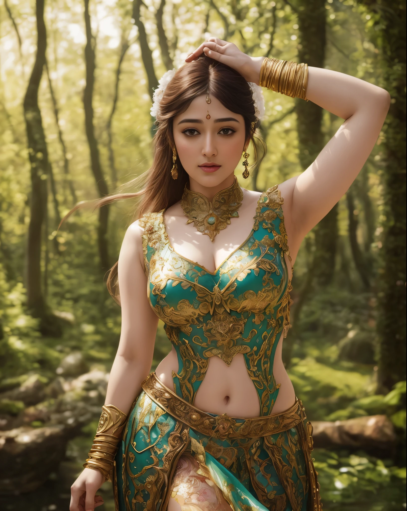 Face mix of Anushka Shetty and Nayanthara, a masterpiece ultrarealistic ultradetailed portrait of a beautiful girl in incredible goledn armor, curvy, showing armpits, hairy armpits, female barbarian fantasy!!! dressed in vyshyvanka!!!! character concept art, sharp focus, octane render! unreal engine 5! highly rendered!! trending on artstation!! detailed linework!! illustration by artgerm, wlop, and chie yoshii, baroque renaissance. in forest. medium shot, intricate, elegant, highly detailed. trending on artstation, digital art, by stanley artgerm lau, wlop, rossdraws, james jean, andrei riabovitchev, marc simonetti, yoshitaka amano. background by james jean and gustav klimt, light by julie bell, 4 k, porcelain skin.