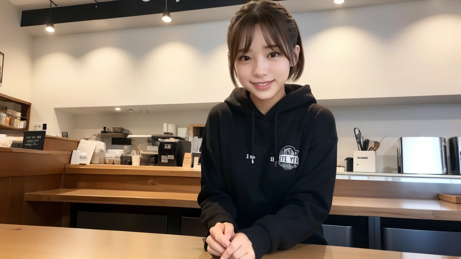 (8K, Raw photo, highest quality, masterpiece:1.2), (realistic, photo-realistic:1.4), (Highly detailed 8K wallpaper), perfect female body, famous japanese idol, 20 year old girl, japanese model, medium short hair, messy hair, light brown hair, hoodie,inside a stylish cafe, I can see other customers enjoying themselves too.。At the back of the cafe、Staff are busy working at the counter。