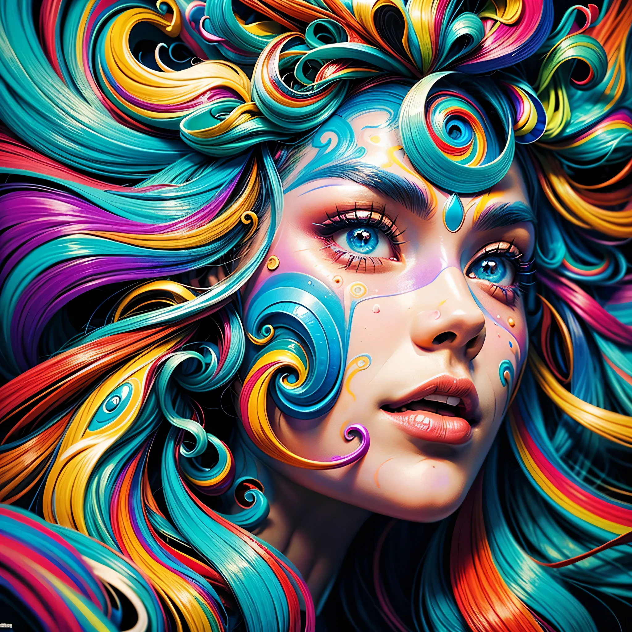 A woman with a colorful face and a crescent on her head, Arte de Alessandro Pautasso, sonho colorido, pintura digital colorida, Pintura digital intrincada, arte de fantasia digital colorida, psychedelic art style, arte colorida bonita!, Jen Bartel, colorido e escuro, Bela arte UHD 4K, psychedelic aesthetic, psychedelic surreal art, full-colour illustration