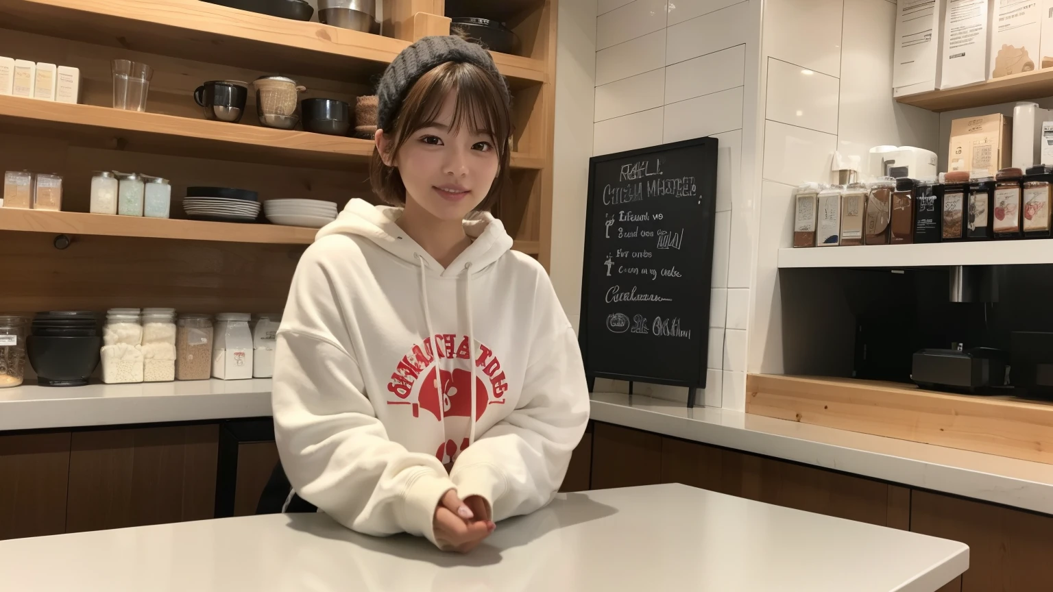 (8K, Raw photo, highest quality, masterpiece:1.2), (realistic, photo-realistic:1.4), (Highly detailed 8K wallpaper), perfect female body, famous japanese idol, 20 year old girl, japanese model, medium short hair, messy hair, light brown hair, hoodie,inside a stylish cafe, I can see other customers enjoying themselves too.。At the back of the cafe、Staff are busy working at the counter。