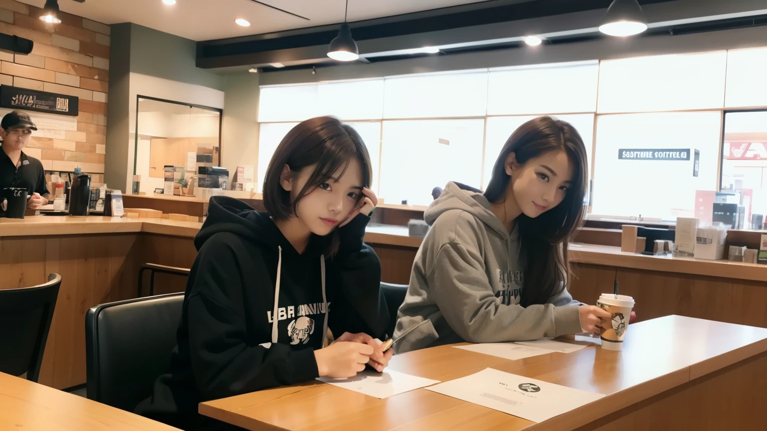 (8K, Raw photo, highest quality, masterpiece:1.2), (realistic, photo-realistic:1.4), (Highly detailed 8K wallpaper), perfect female body, famous japanese idol, 20 year old girl,  japanese model, medium short hair, messy hair, light brown hair, hoodie,Starbucks, I can see other customers enjoying themselves too.。At the back of the cafe、Staff are busy working at the counter。