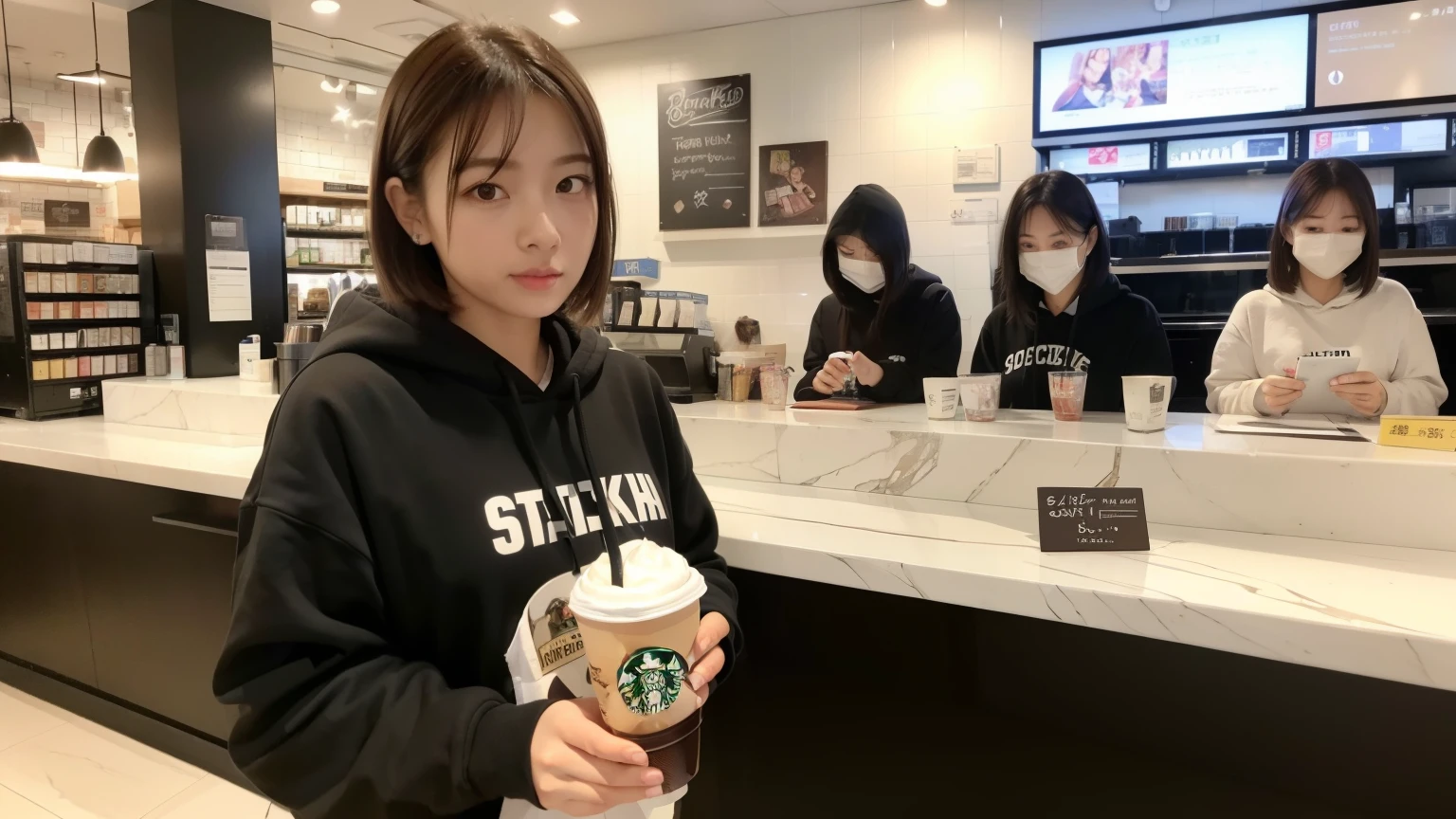 (8K, Raw photo, highest quality, masterpiece:1.2), (realistic, photo-realistic:1.4), (Highly detailed 8K wallpaper), perfect female body, famous japanese idol, 20 year old girl, japanese model, medium short hair, messy hair, light brown hair, hoodie,Starbucks, I can see other customers enjoying themselves too.。At the back of the cafe、Staff are busy working at the counter。