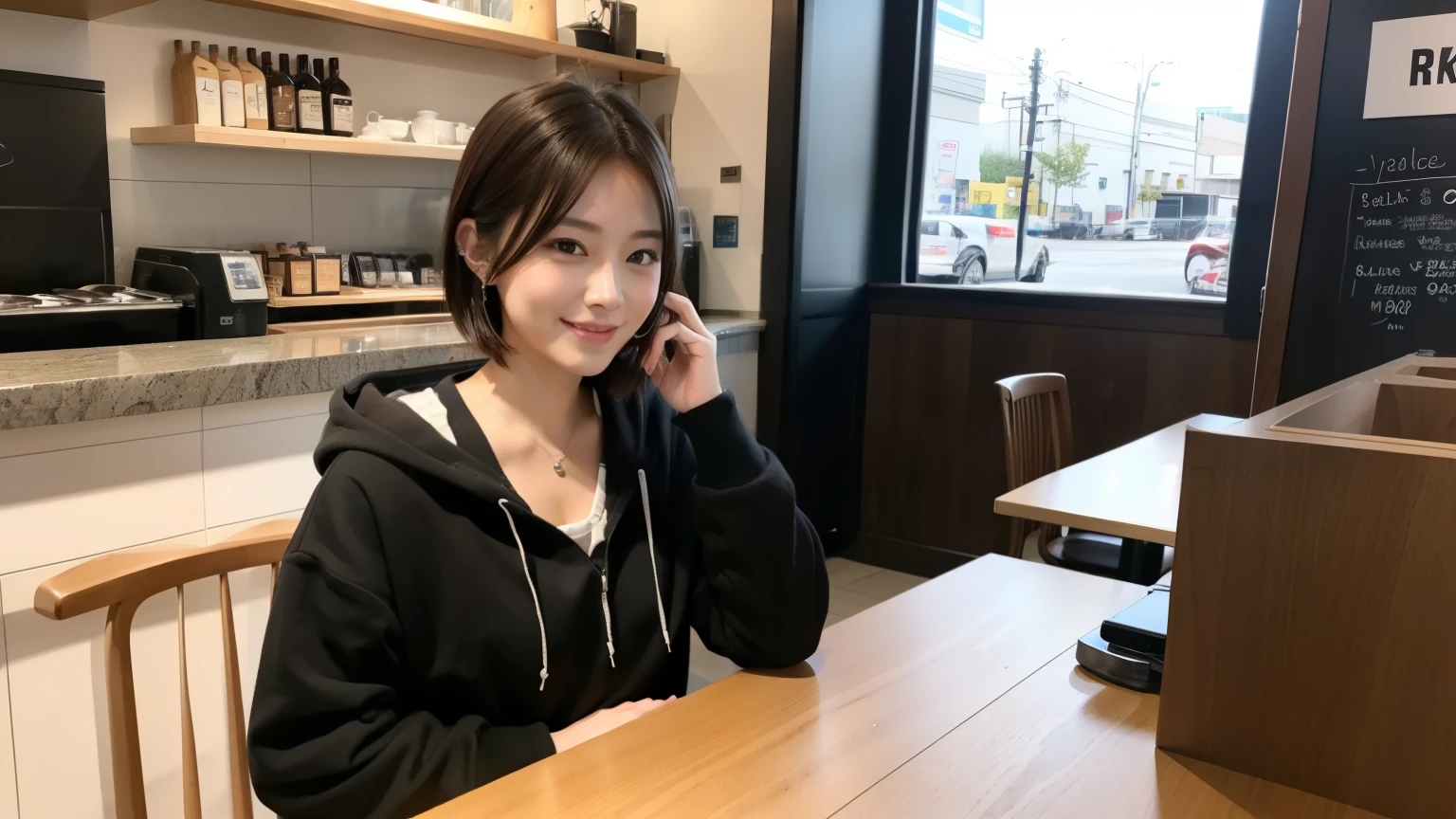 (8K, Raw photo, highest quality, masterpiece:1.2), (realistic, photo-realistic:1.4), (Highly detailed 8K wallpaper), perfect female body, famous japanese idol, 20 year old girl, japanese model, medium short hair, messy hair, light brown hair, hoodie,inside a stylish cafe, I can see other customers enjoying themselves too.。At the back of the cafe、Staff are busy working at the counter。