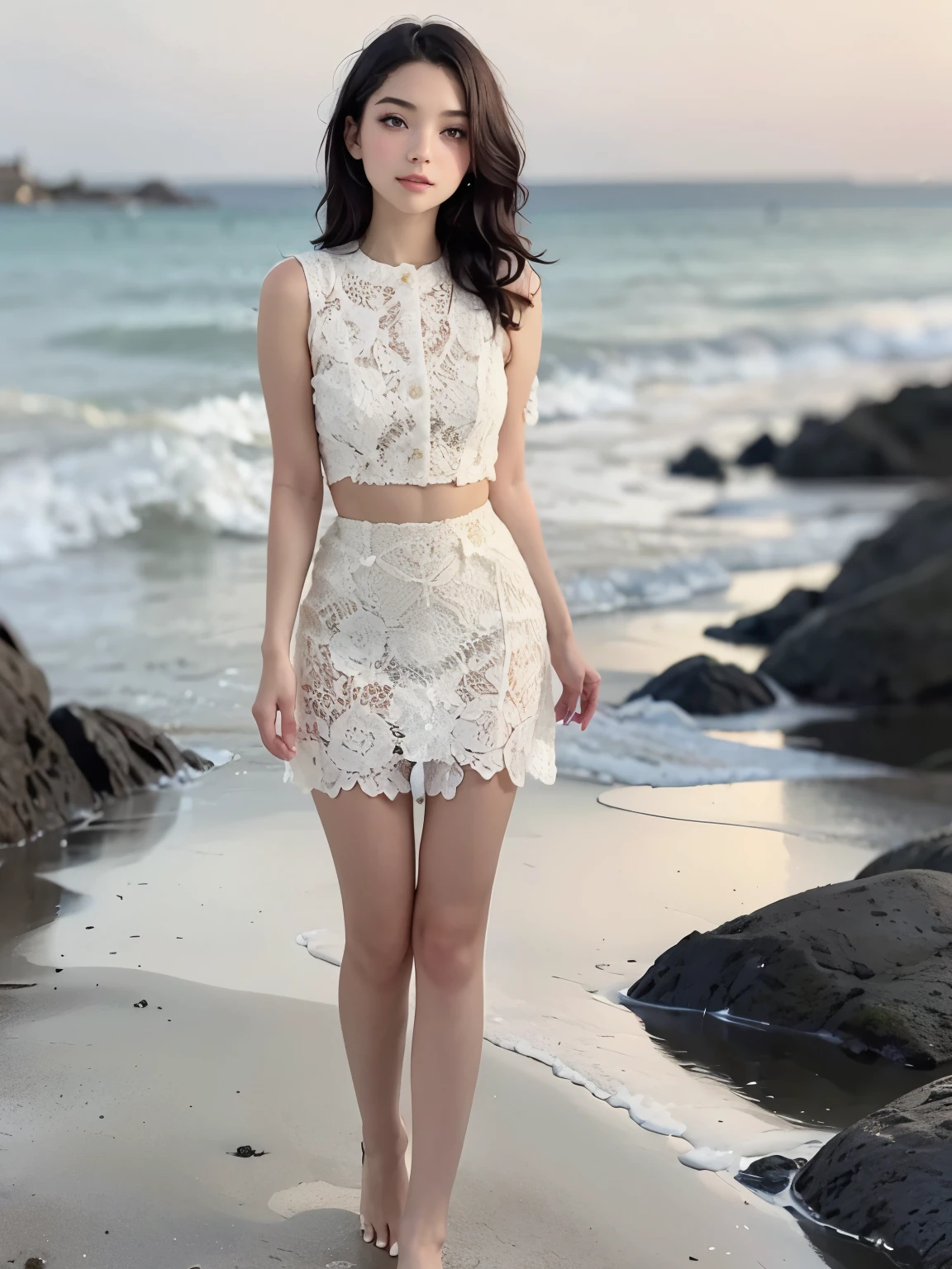 (photorealistic, detailed face, view from distance), (1girl, full body view), beautiful European woman, cute 18 year old woman, floating hair, long silver hair, wavy hair, wet hair, walking along beach, perfect face, perfect body, perfect proportions, very short summer dress, big lips, oiled skin, narrow waist, High-quality texture, High-quality shadow, tan skin, naughty, looking at viewer, barefoot, sexy, skinny body