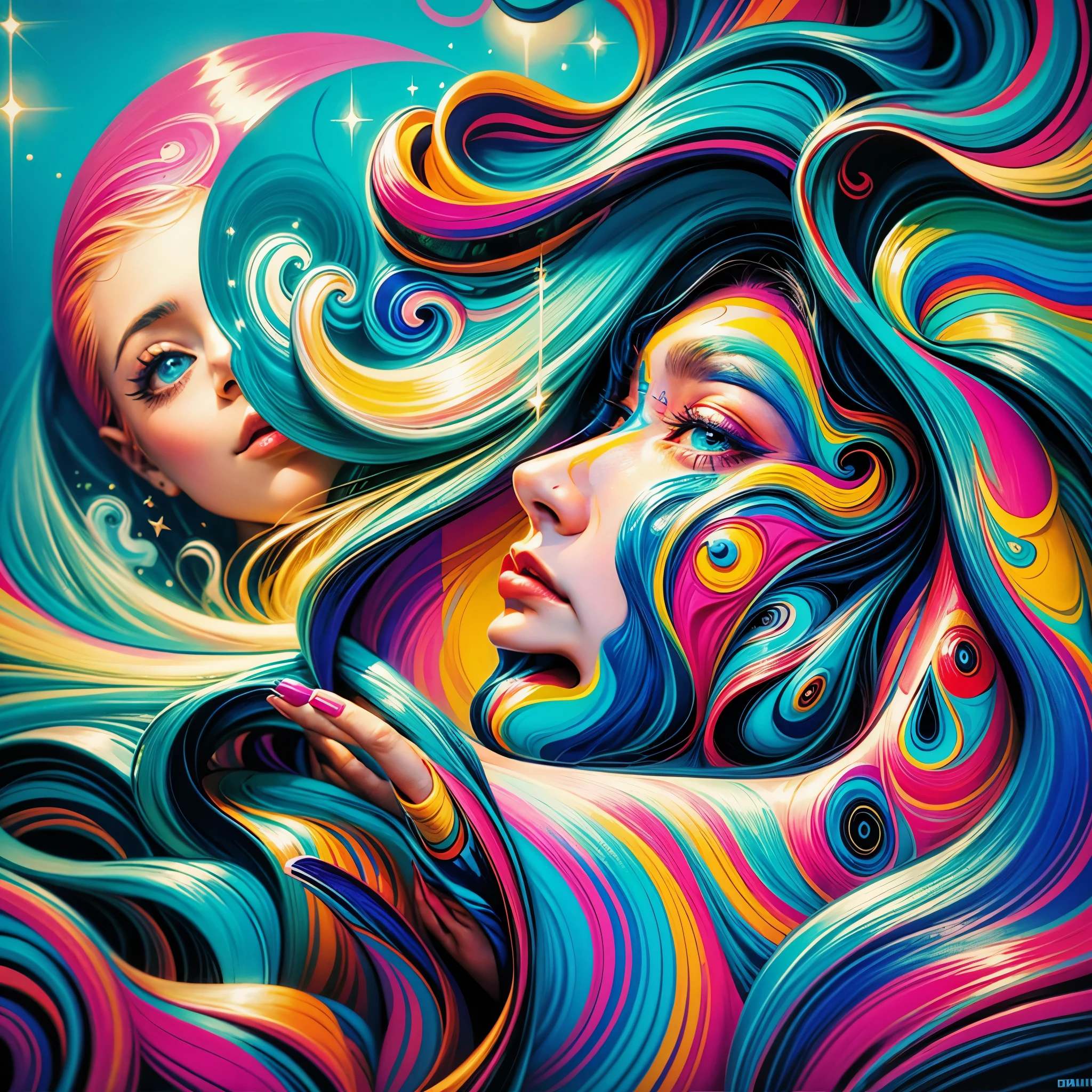 A woman with a colorful face and a crescent on her head, Arte de Alessandro Pautasso, sonho colorido, pintura digital colorida, Pintura digital intrincada, arte de fantasia digital colorida, psychedelic art style, arte colorida bonita!, Jen Bartel, colorido e escuro, Bela arte UHD 4K, psychedelic aesthetic, psychedelic surreal art, full-colour illustration
