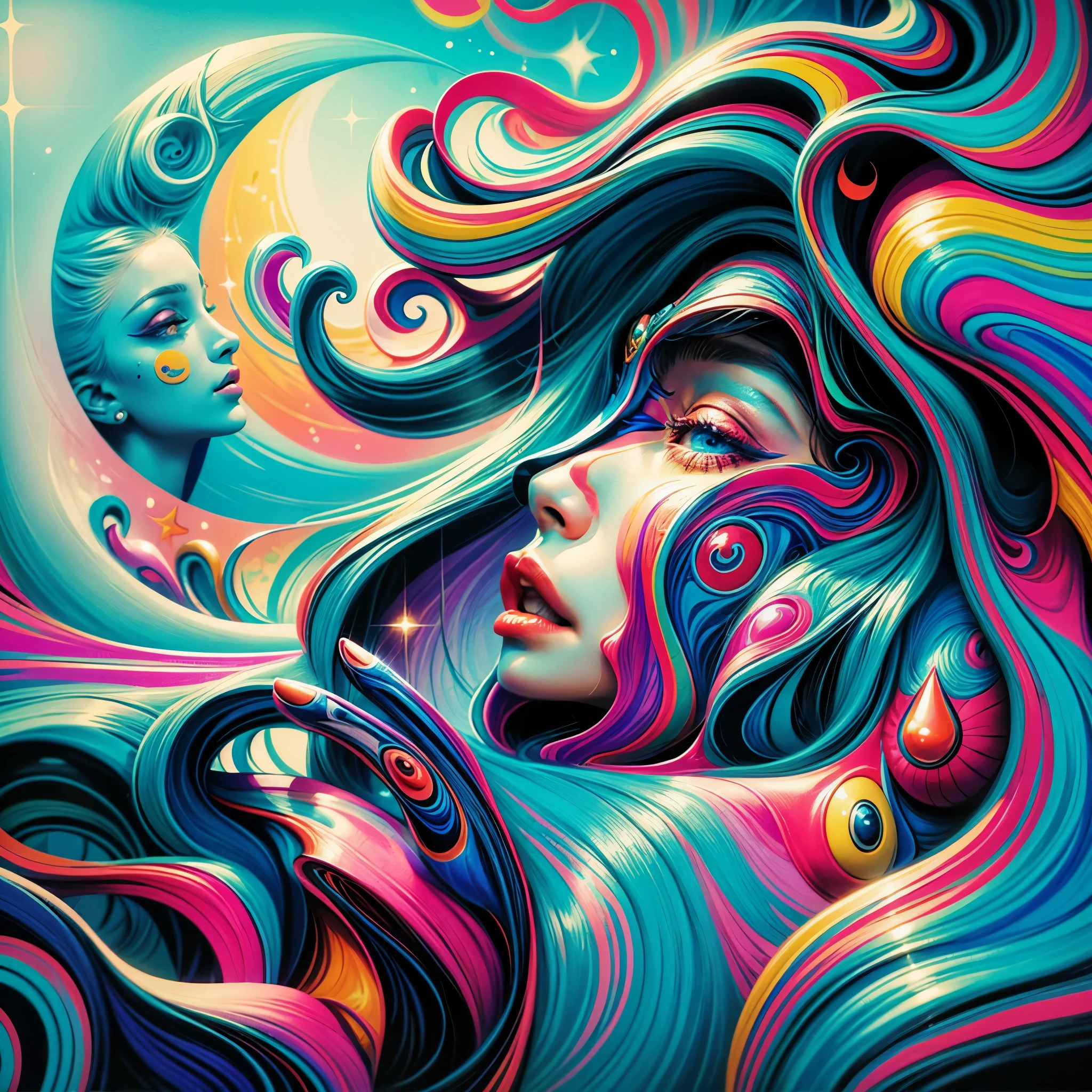 A woman with a colorful face and a crescent on her head, Arte de Alessandro Pautasso, sonho colorido, pintura digital colorida, Pintura digital intrincada, arte de fantasia digital colorida, psychedelic art style, arte colorida bonita!, Jen Bartel, colorido e escuro, Bela arte UHD 4K, psychedelic aesthetic, psychedelic surreal art, full-colour illustration