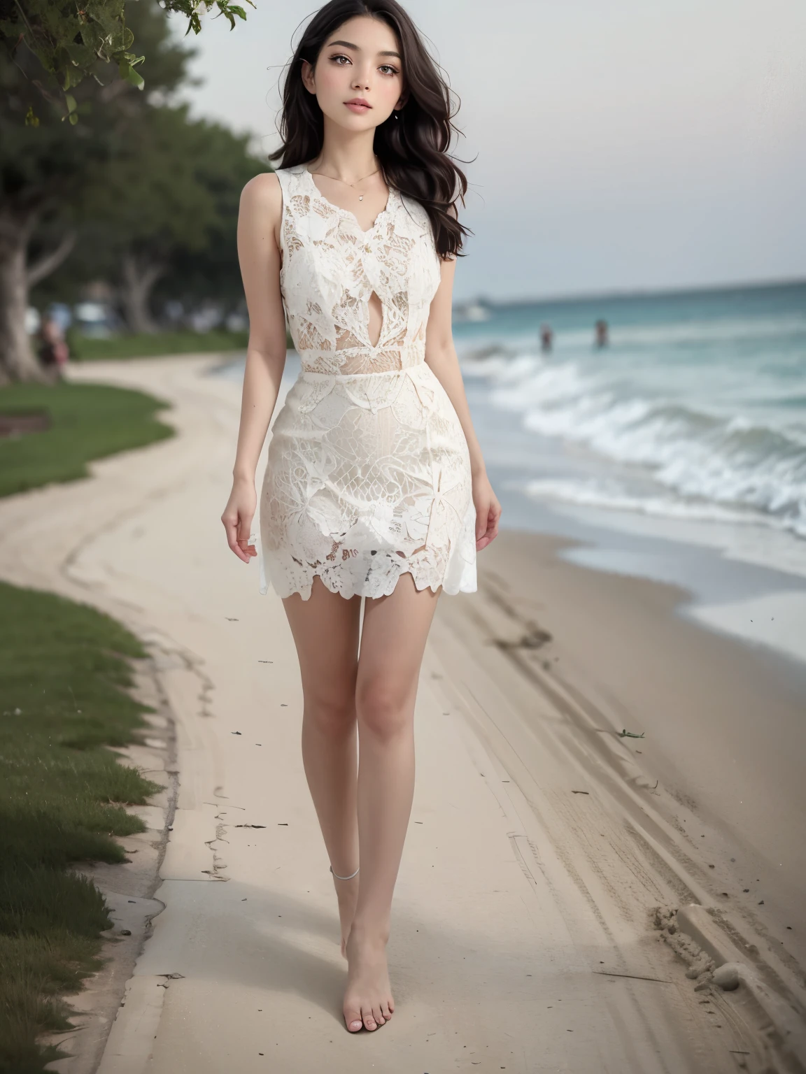 (photorealistic, detailed face, view from distance), (1girl, full body view), beautiful European woman, cute 18 year old woman, floating hair, long silver hair, wavy hair, wet hair, walking along beach, perfect face, perfect body, perfect proportions, very short summer dress, big lips, oiled skin, narrow waist, High-quality texture, High-quality shadow, tan skin, naughty, looking at viewer, barefoot, sexy, skinny body