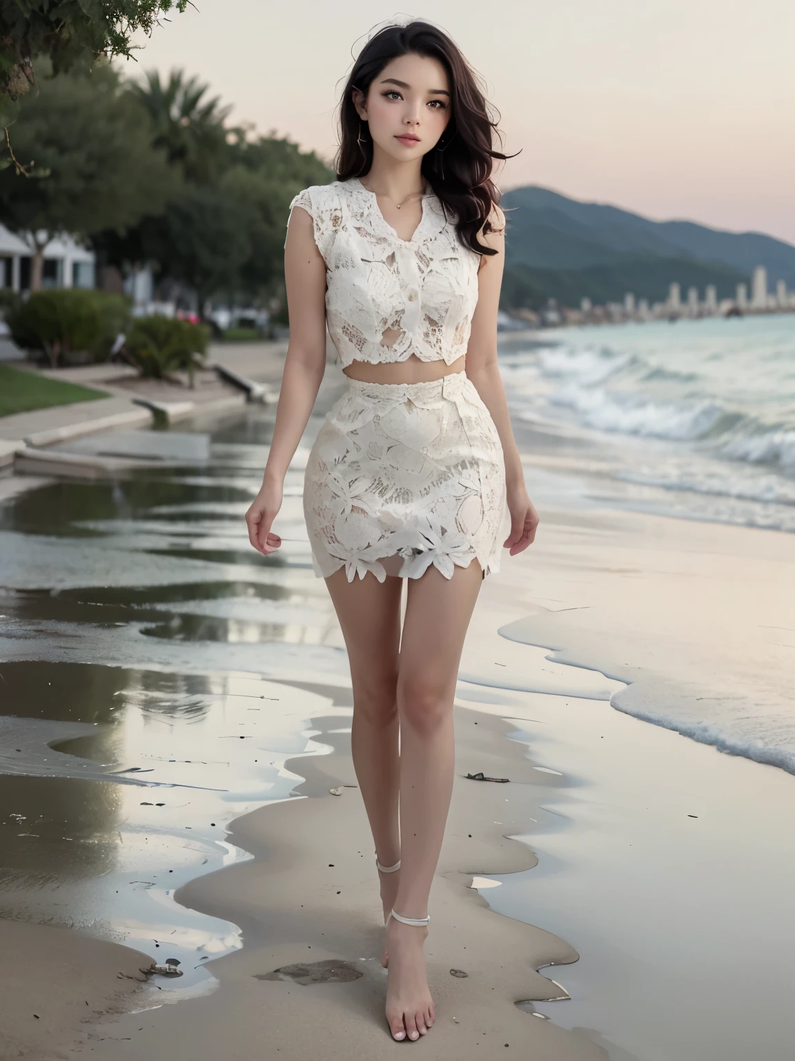 (photorealistic, detailed face, view from distance), (1girl, full body view), beautiful European woman, cute 18 year old woman, floating hair, long black hair, curly hair, wet hair, walking along beach, perfect face, perfect body, perfect proportions, very short summer dress, yellow dress, big lips, oiled skin, narrow waist, High-quality texture, High-quality shadow, tan skin, naughty, looking at viewer, barefoot, sexy, skinny body