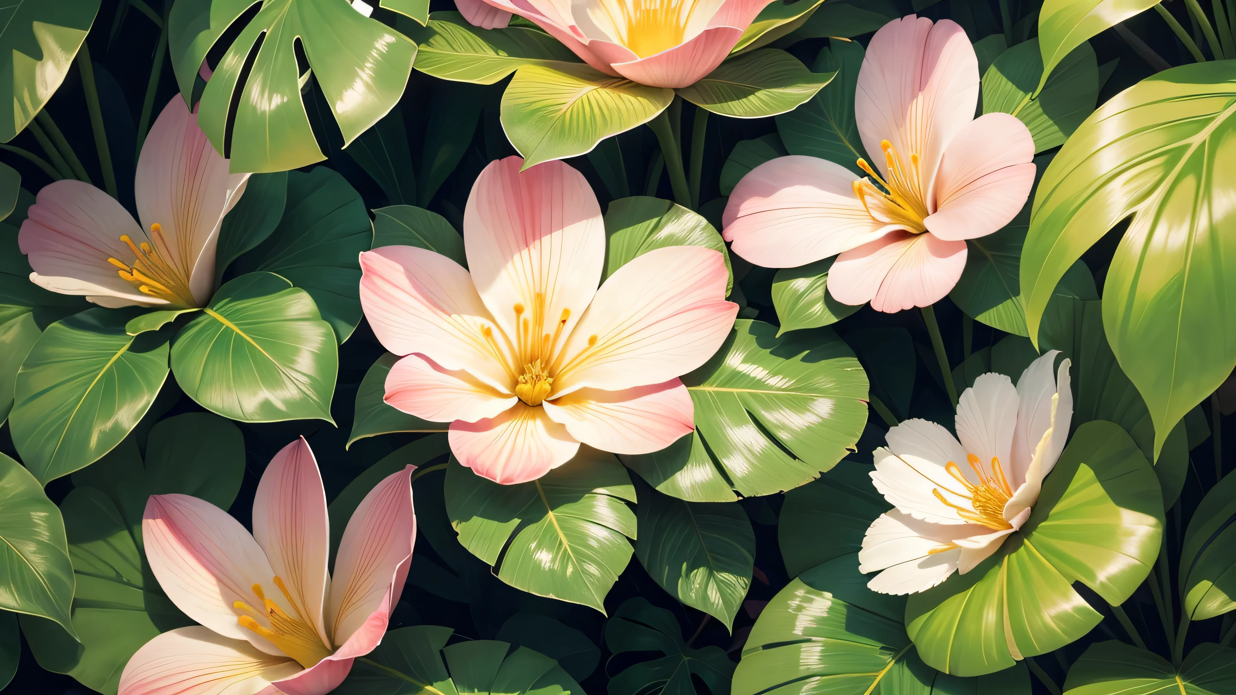 Tropical foliage and flower background, tropical flower plants, tropical plants and flowers, beautiful tropical flowers, colorful tropical plants, blooming tropical flowers, Tropical plants, lush garden leaves and flowers, tropical flowers, tropical background, detailed digital illustration, photorealistic print of exotic, tropical foliage, subtropical flowers and plants, Tropical leaves, matte digital illustration, tropical atmosphere, detailed beautiful plants, contrast color, many flowers, pink flowers