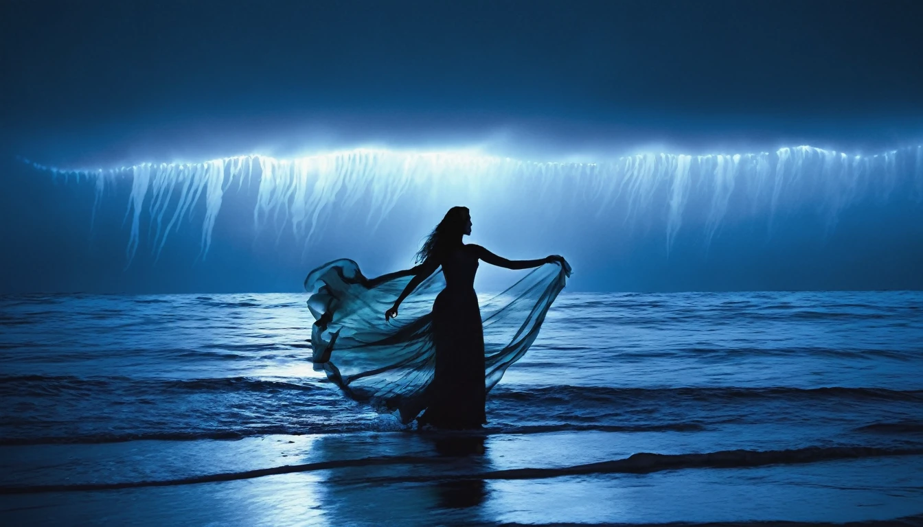 (best quality,ultra-detailed,realistic),translucent glowing ghosts of the passengers(shipwrecked:1.1,spirited) of the 'titanic', mesmerizingly dancing over the vast sea. The moonless sky casts an eerie darkness, accentuating the ethereal essence of the scene. A (hauntingly beautiful) ghostly band, visible only as subtle wisps of light, plays melancholic music, serenading the lost souls. The haunting melodies mix with the sound of crashing waves, creating a haunting symphony (harmony:1.1). The shipwreck's remnants, submerged beneath the water's surface, serve as a hauntingly beautiful backdrop. The (mysterious) depths of the sea add an air of mystery and uncertainty, making the ghostly dance even more captivating. The faint glow of bioluminescent organisms (illuminates:1.1) the surrounding water, infusing the scene with a surreal and ethereal ambiance. The ghosts move with (graceful, fluid) movements, their semi-transparent figures blending with the misty atmosphere. As they sway and twirl, their (tattered, flowing) clothing adds to the ethereal beauty of their dance. Time seems to stand still in this haunting moment, capturing the essence of the tragic tale of the 'titanic' and immersing viewers in a realm between the living and the spirit world.