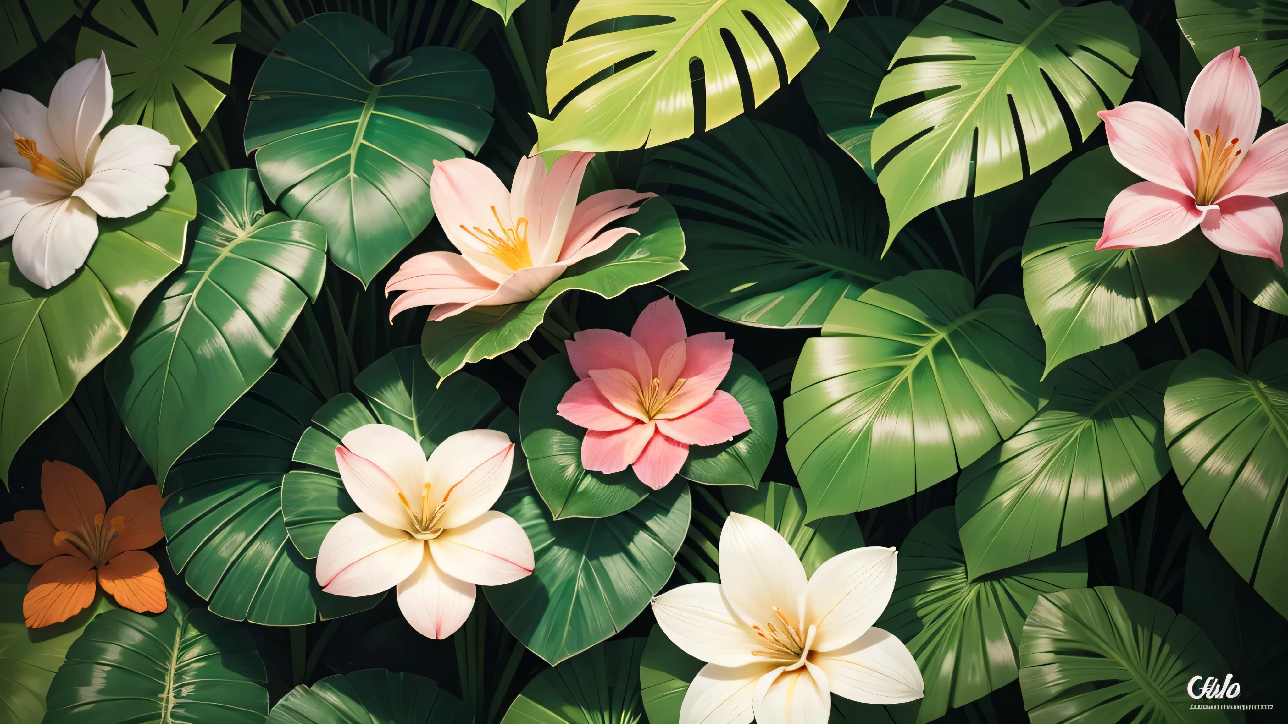 Tropical foliage and flower background, tropical flower plants, tropical plants and flowers, beautiful tropical flowers, colorful tropical plants, blooming tropical flowers, Tropical plants, lush garden leaves and flowers, tropical flowers, tropical background, detailed digital illustration, photorealistic print of exotic, tropical foliage, subtropical flowers and plants, Tropical leaves, matte digital illustration, tropical atmosphere, detailed beautiful plants, contrast color, many flowers, pink flowers