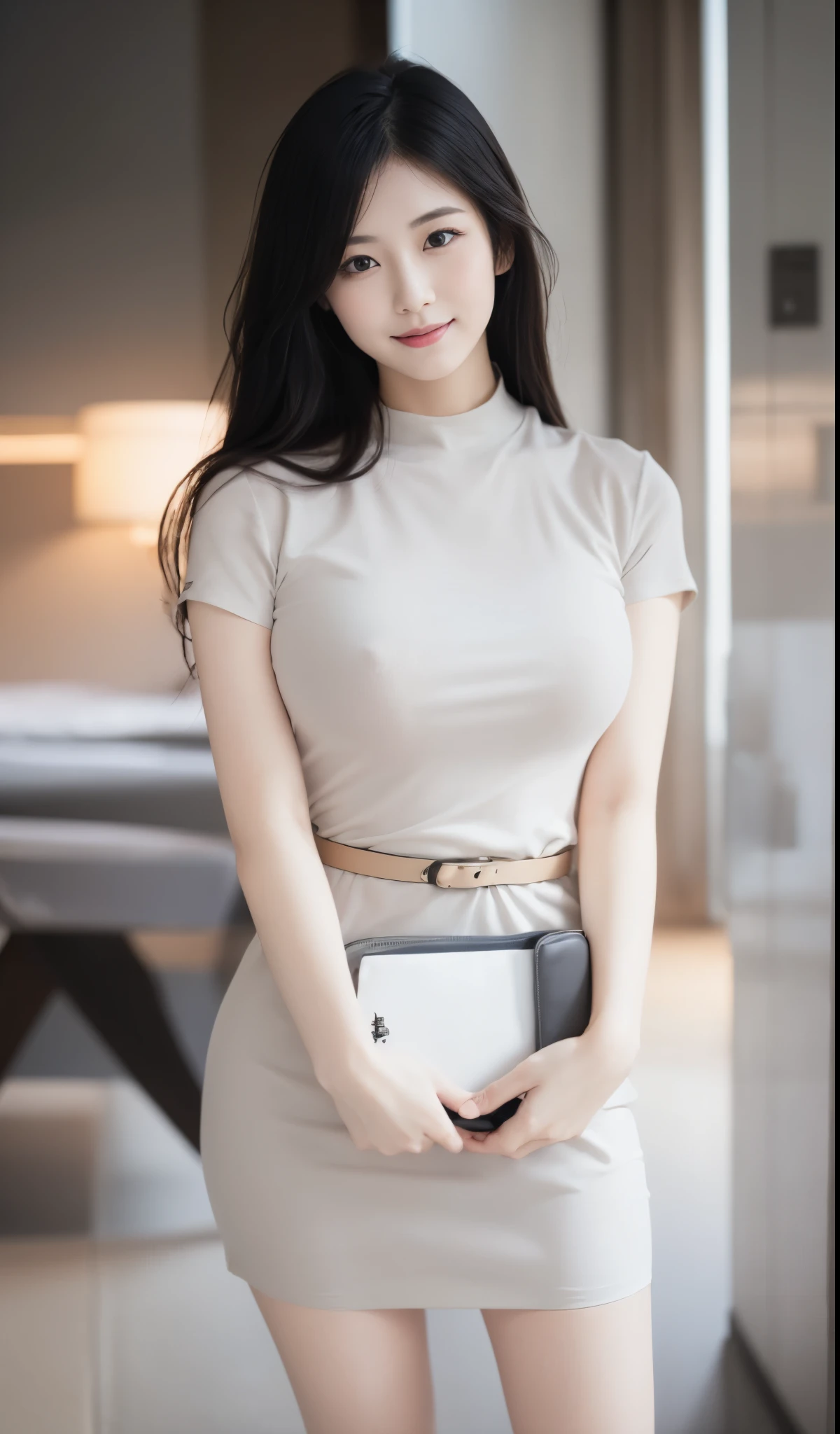 (masterpiece:1.2),(realistic:1.5),(8K:1.3),(Super detailed:1.3),(ultra high resolution:1.3),Highest image quality,Depth of the bounds written,(focus on the subject),(sharpness:1.5),cinematic light,amazingly beautiful face,(incredibly cute face),(smile),dynamic,detailed eyes,charming double eyelids,long eyelashes,(big breasts),big hips,(thin waist),cleavage,messy hair,messy hair,Detailed attire,Close-up of a woman in a dress holding a wallet, japanese girl, japanese woman, smooth white tight clothing suit, asian girl, gorgeous young japanese woman, beautiful asian girl, thin waist and thick hips, asian women, beautiful young korean woman, wearing a tight shirt, wears tight and simple clothes, asian women, asian woman