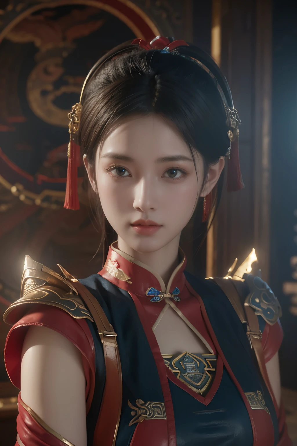 Masterpiece,Game art,The best picture quality,Highest resolution,8K,(Portrait:1.5),Unreal Engine 5 rendering works,(Digital Photography),
Girl,Beautiful pupil,(Gradual short hair is blue and red),Busty,(Big breasts),
(A female general in the ancient fantasy style),(Future combat dress combined with Chinese fantasy style clothing,Chinese style Han costume),Ribbon,Ancient magic patterns glow,Armor rich in detail,(Ancient fantasy),
Movie lights,Ray tracing,Game CG,((3D Unreal Engine)),OC rendering reflection pattern