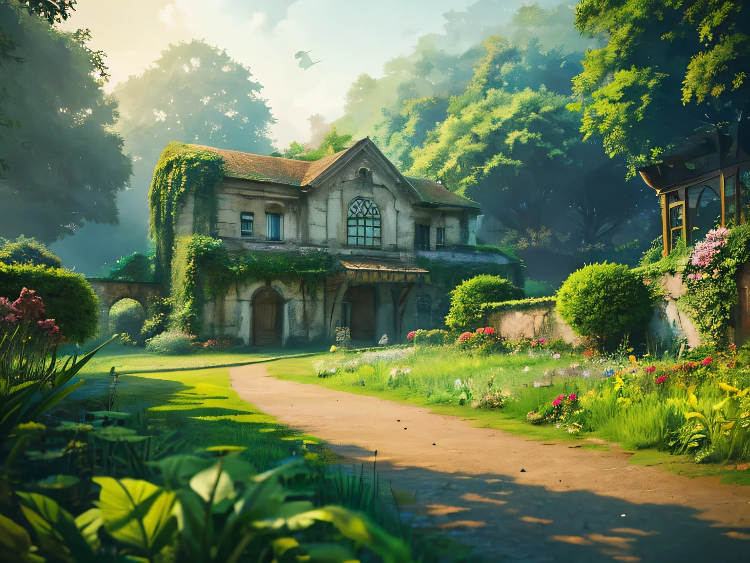 Ruins surrounded by greenery,A place that once flourished,I stepped into a different world,Sunny,Calm air,illustration style,The morning the journey begins,Somewhat nostalgic atmosphere