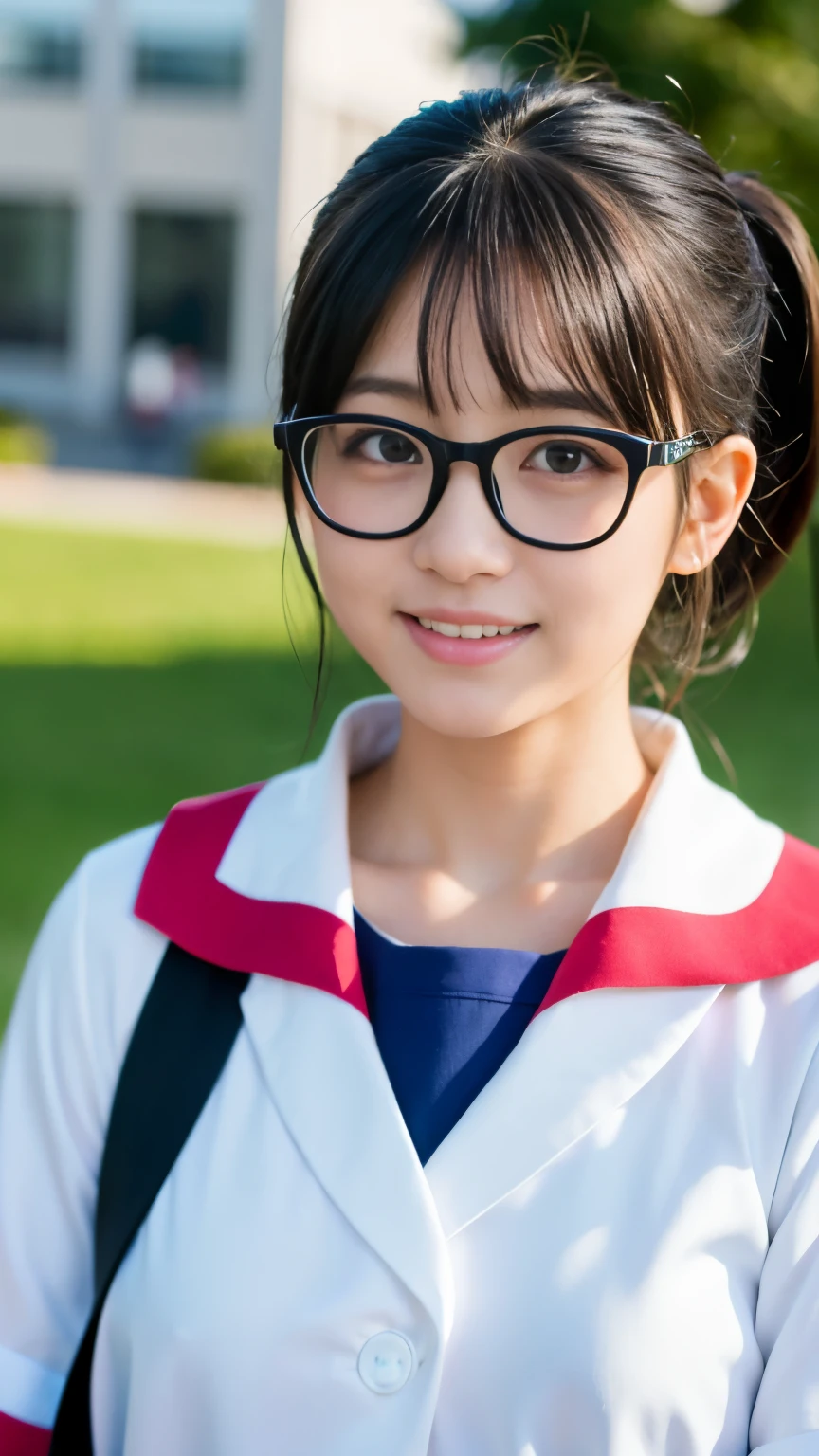 highest quality, masterpiece, ultra high resolution, (realistic:1.4), Raw photo, very detailed, perfect anatomy, full body shot、Cute pose in the spring schoolyard,
1 girl, , most popular japanese idols, (Japan in high school sailor suit, Cute design muffler, cute design glasses), face focus, portrait, innocent smile, Very cute face like the most famous Japanese idol, very beautiful big black firm eyes, very beautiful black hair shortcut, very beautiful realistic white skin, very beautiful wet lips,
Detailed Japanese high school uniforms, detailed Cute design muffler, detailed cute design glasses