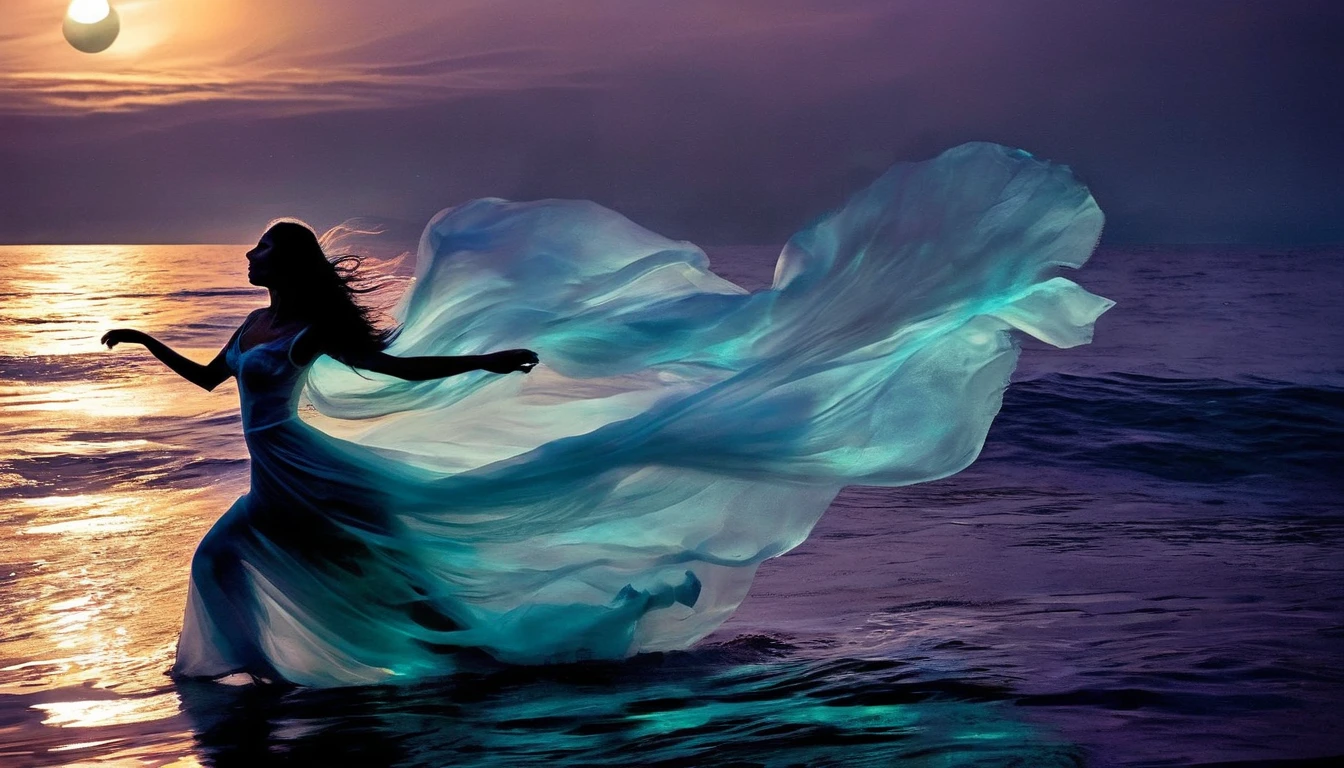(best quality,ultra-detailed,realistic),translucent glowing ghosts of the passengers(shipwrecked:1.1,spirited) of the 'titanic', mesmerizingly dancing over the vast sea. The moonless sky casts an eerie darkness, accentuating the ethereal essence of the scene. A (hauntingly beautiful) ghostly band, visible only as subtle wisps of light, plays melancholic music, serenading the lost souls. The haunting melodies mix with the sound of crashing waves, creating a haunting symphony (harmony:1.1). The shipwreck's remnants, submerged beneath the water's surface, serve as a hauntingly beautiful backdrop. The (mysterious) depths of the sea add an air of mystery and uncertainty, making the ghostly dance even more captivating. The faint glow of bioluminescent organisms (illuminates:1.1) the surrounding water, infusing the scene with a surreal and ethereal ambiance. The ghosts move with (graceful, fluid) movements, their semi-transparent figures blending with the misty atmosphere. As they sway and twirl, their (tattered, flowing) clothing adds to the ethereal beauty of their dance. Time seems to stand still in this haunting moment, capturing the essence of the tragic tale of the 'titanic' and immersing viewers in a realm between the living and the spirit world.