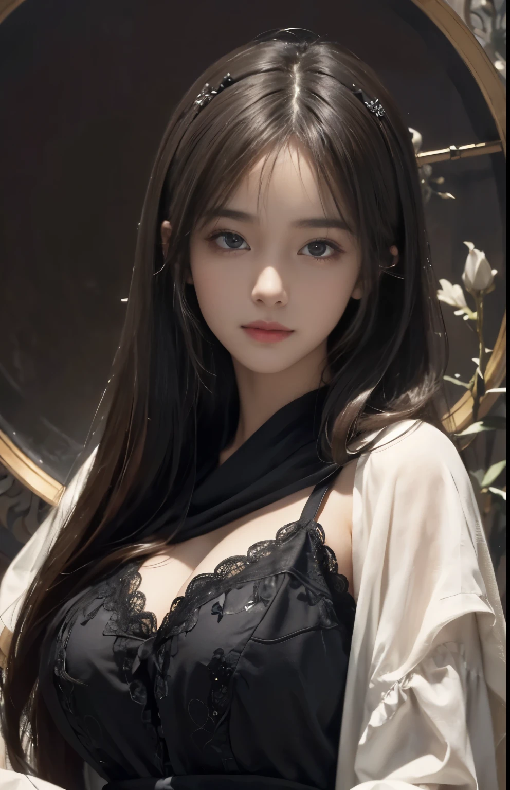 (Hyper-realistic) , (illustratio), (Increase the resolution), (8K), (extremely detaile), (Most Best Illustration), (Beautiful and delicate eyes), (best qualtiy), (ultra - detailed), (masterpiece), ( the wallpaper), (Detailed face), solo, looking at viewert, exquisite detailing, Detailed face, in the darkness nigth, deep shading, low tune,pureerosfaceace_V1, ssmile,long straight hair,Black shawl, 46 points oblique bangs,plump breasts