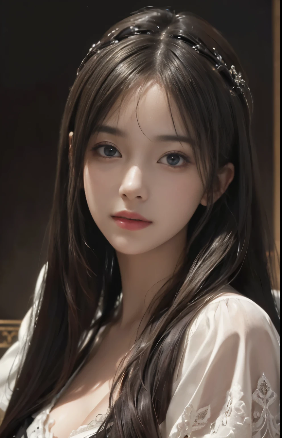 (Hyper-realistic) , (illustratio), (Increase the resolution), (8K), (extremely detaile), (Most Best Illustration), (Beautiful and delicate eyes), (best qualtiy), (ultra - detailed), (masterpiece), ( the wallpaper), (Detailed face), solo, looking at viewert, exquisite detailing, Detailed face, in the darkness nigth, deep shading, low tune,pureerosfaceace_V1, ssmile,long straight hair,Black shawl, 46 points oblique bangs,plump breasts