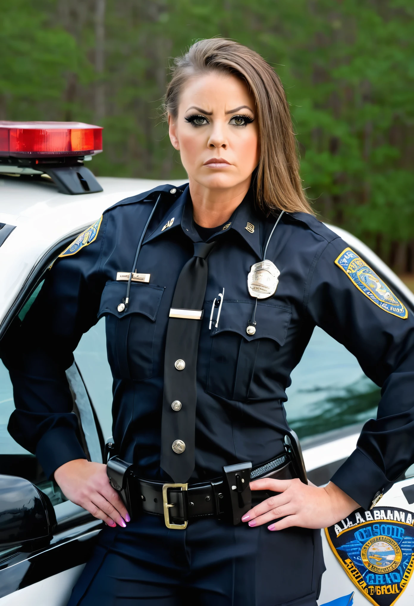 Sexy angry Alabama cop poses next to a patrol car. bare ass