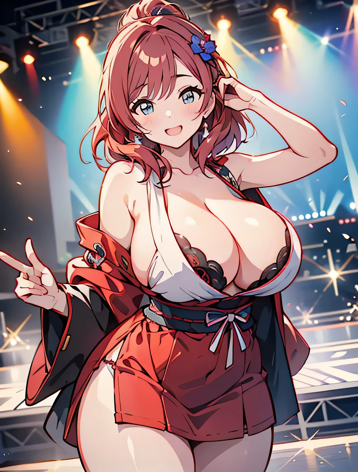 Erotic Anime Illustration、High resolution、A voluptuous high school girl idol who flatters herself on stage、beautiful eyes、lovelive、Maki Nishikino、Jet black shrine maiden clothes、ecstatic expression、Overwhelming huge breasts that go beyond common sense、thick legs with fat、perfect proportions、cowboy shot