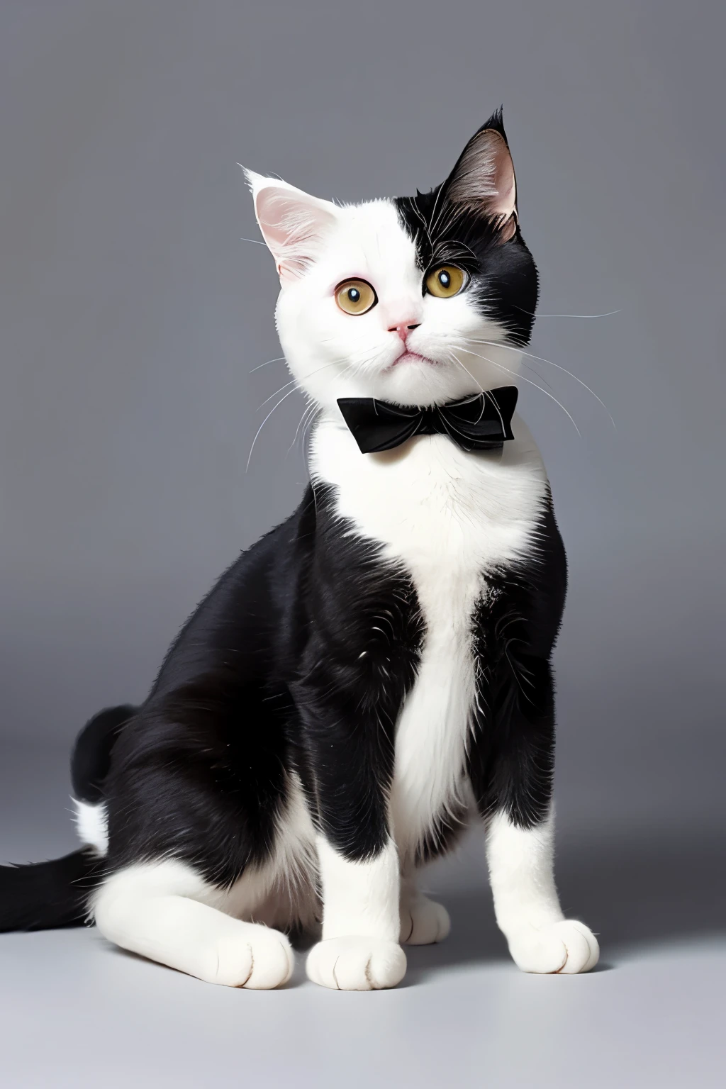 black and white cat、Full body in two colors: black and white、The entire back is covered with black hair、White color on the belly side、The tail is also black、White percentage is 40%、Black percentage is 60%、The four limbs are white as if wearing sockost of the hair on the face is black, with white hair from the mouth to the abdomen.、high resolution images、8K resolution、Standard body shape、highest quality、beautiful picture、dynamic lighting、Super detailed、finely、masterpiece、there are no humans、 Accurate、Super detailed、fine fur、standing posture、fine workmanship、cute cat、eye color yellow、pupils are black、abstract beauty、almost perfect、dynamic、Featured photo、photorealistic quality