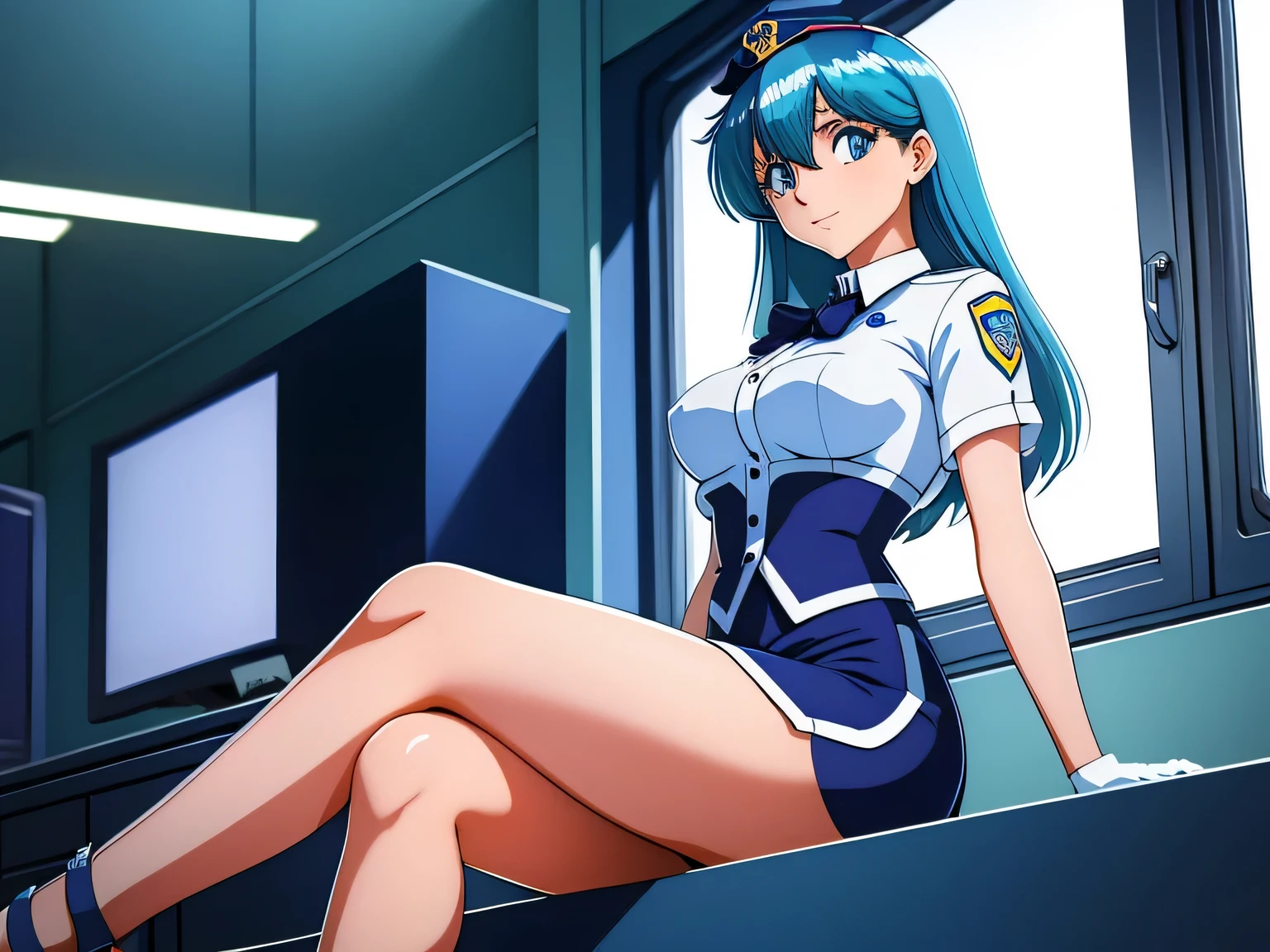 (masterpiece, best quality:1.2), Heavenly Court Gui ，1 girl, office, formal clothes, alone,Exquisite blue hair color，Eyes are very delicate, police, perfect, highly detailed, office in background, elegent, cinematic, perfect body, aesthetic 
